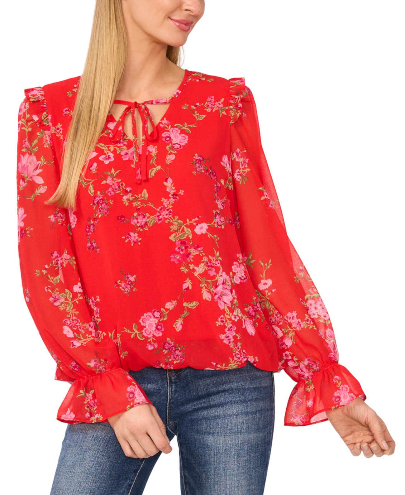 Women's Tie-Neck Ruffled Long-Sleeve Blouse CeCe