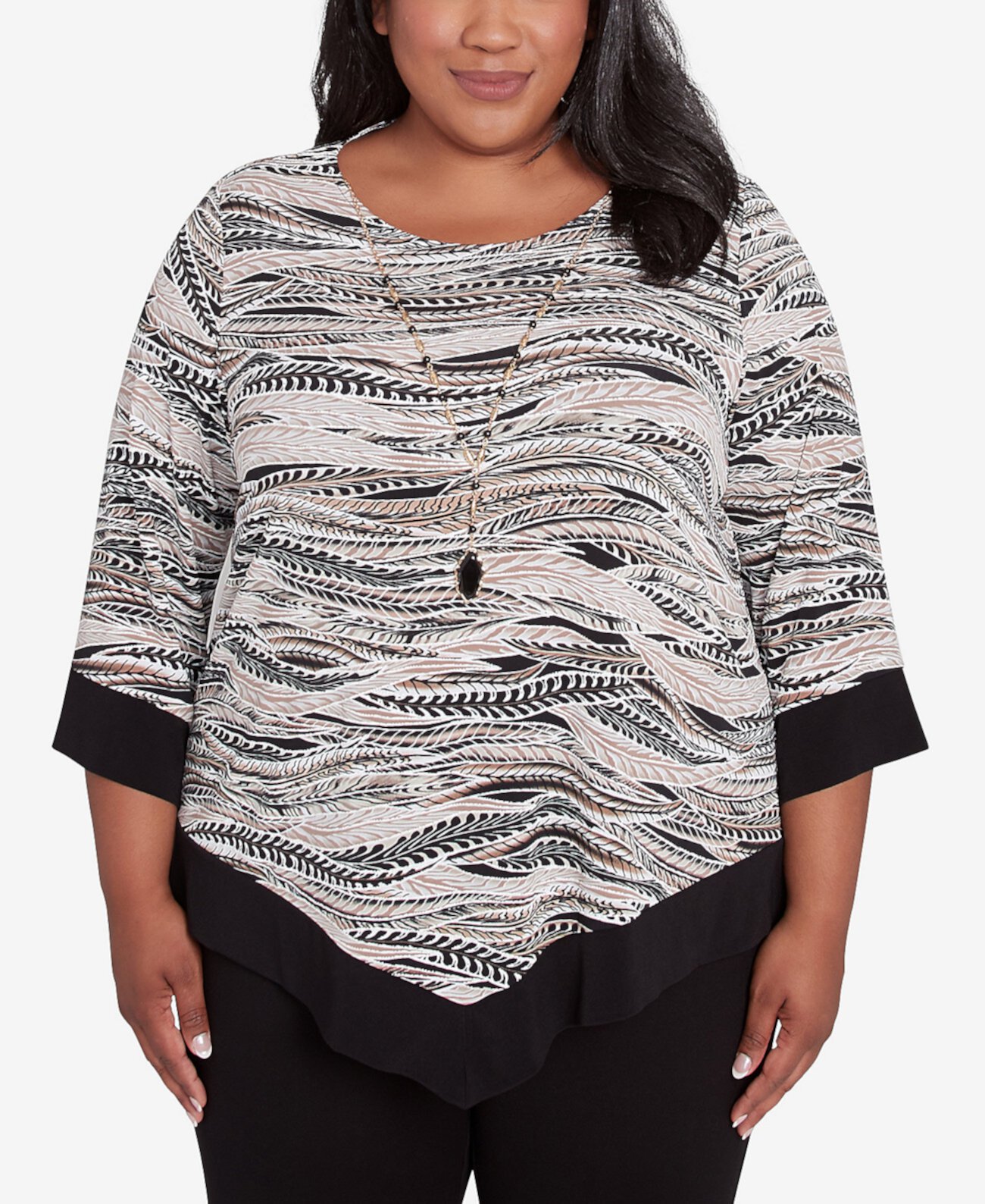 Plus Size Romancing the Stone Abstract Solid Trim Top with Necklace Alfred Dunner