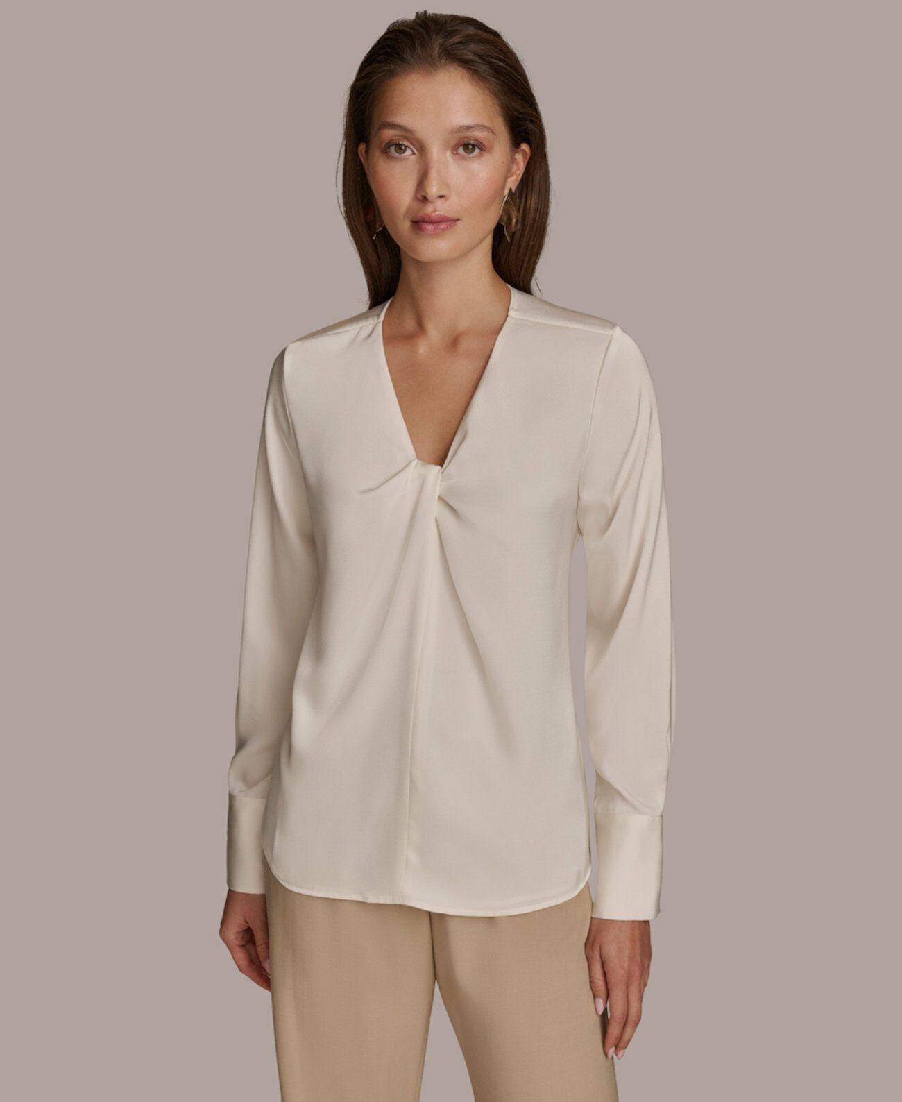 Women's Twist Front V-Neck Long-Sleeve Top Donna Karan New York