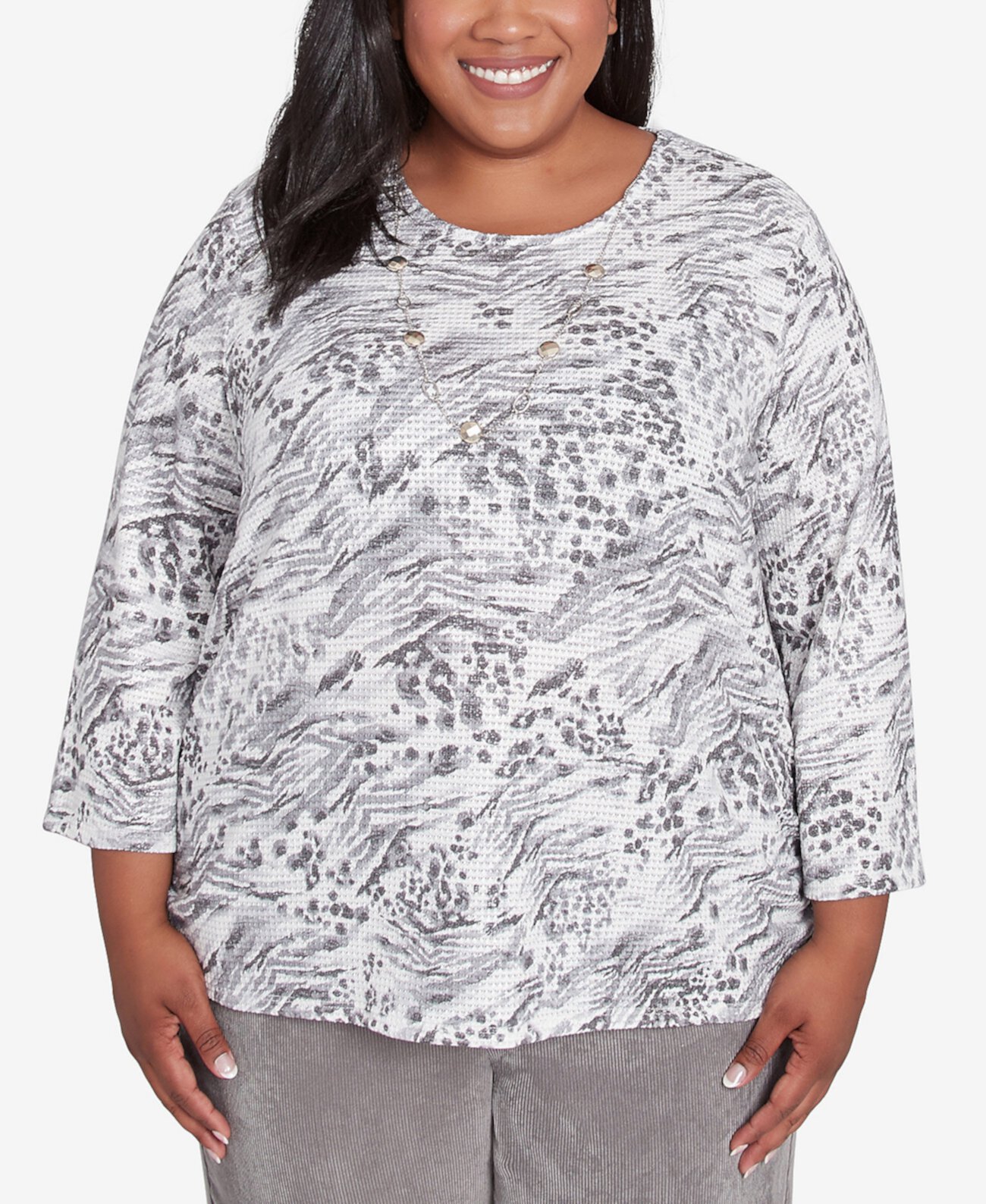 Plus Size Copenhagen Monotone Gray Animal Print Top Alfred Dunner