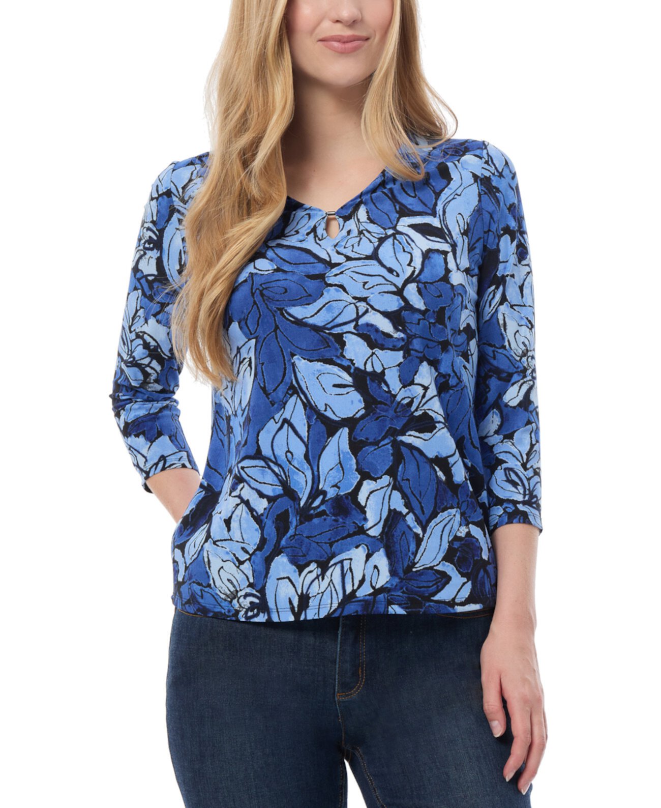 Petite Printed Keyhole 3/4-Sleeve Top Jones New York