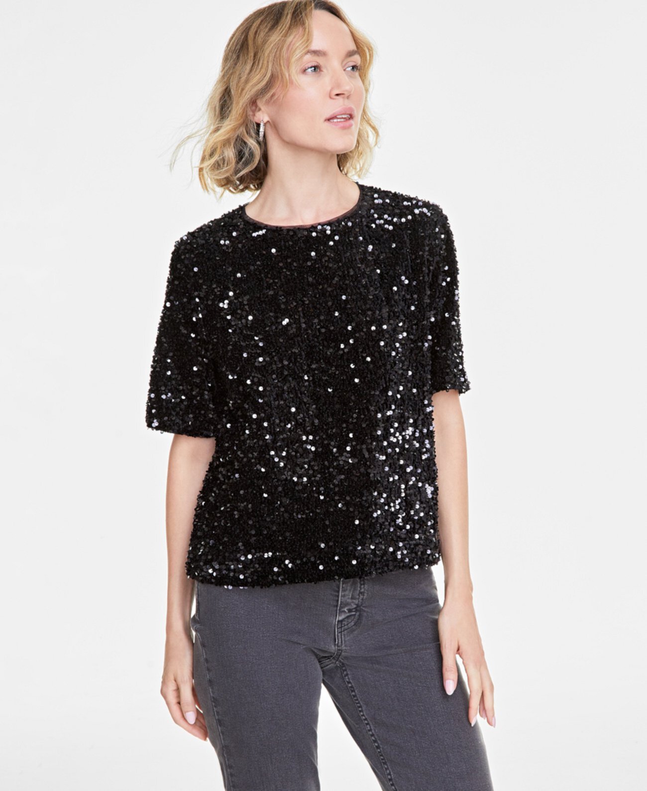 Women's Sequin Velvet Short-Sleeve Top, Created for Macy's On 34th