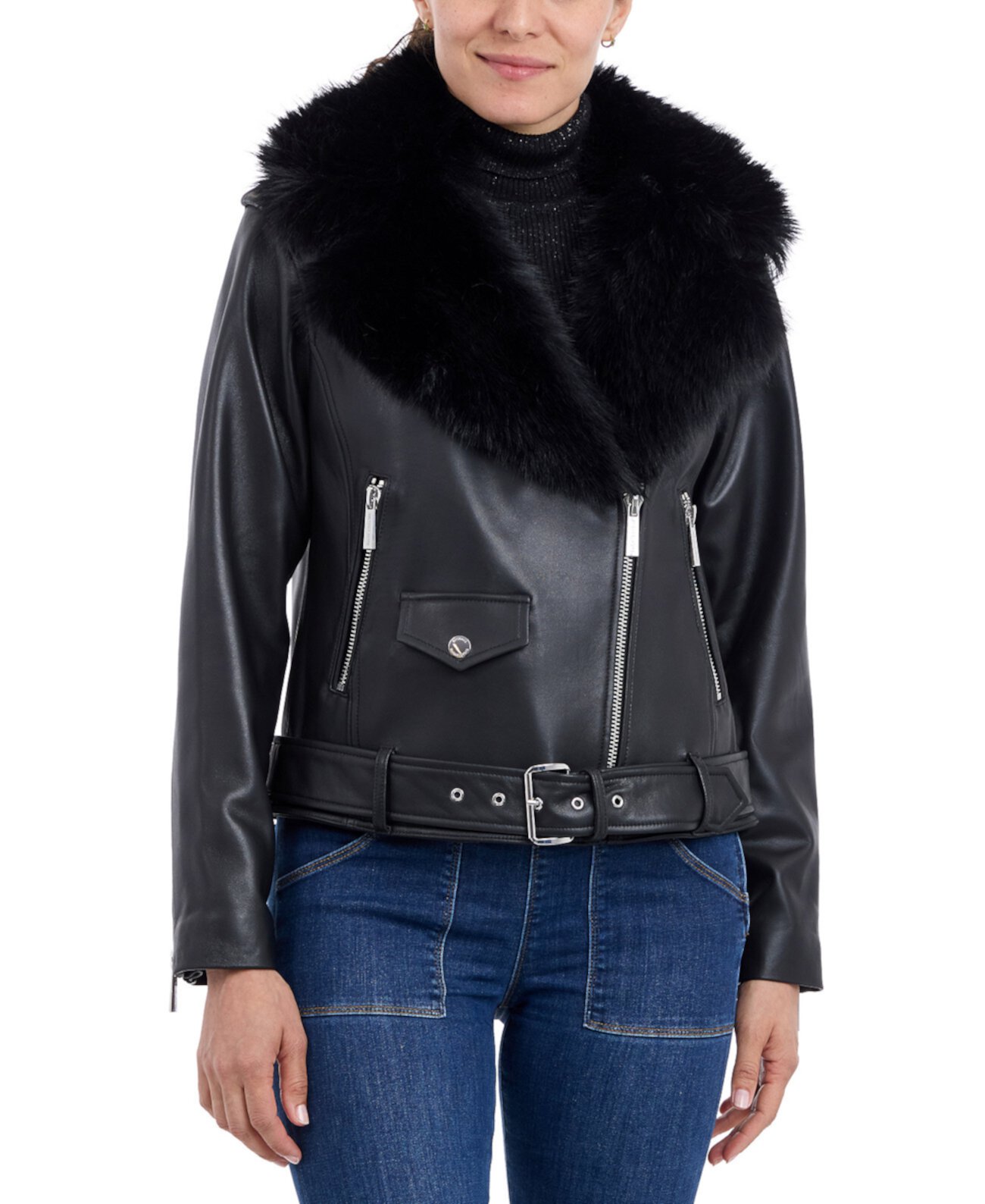 Petite Faux-Fur-Collar Leather Moto Coat Michael Kors