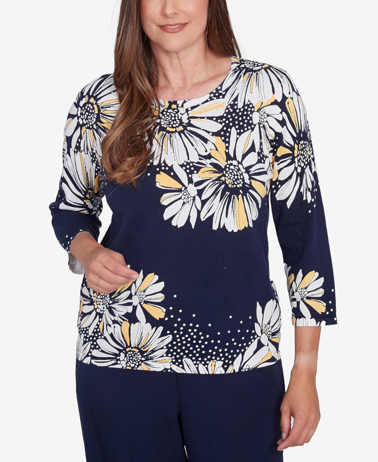 Women's Block Island Embellished Daisy Crew Neck Sweater Alfred Dunner