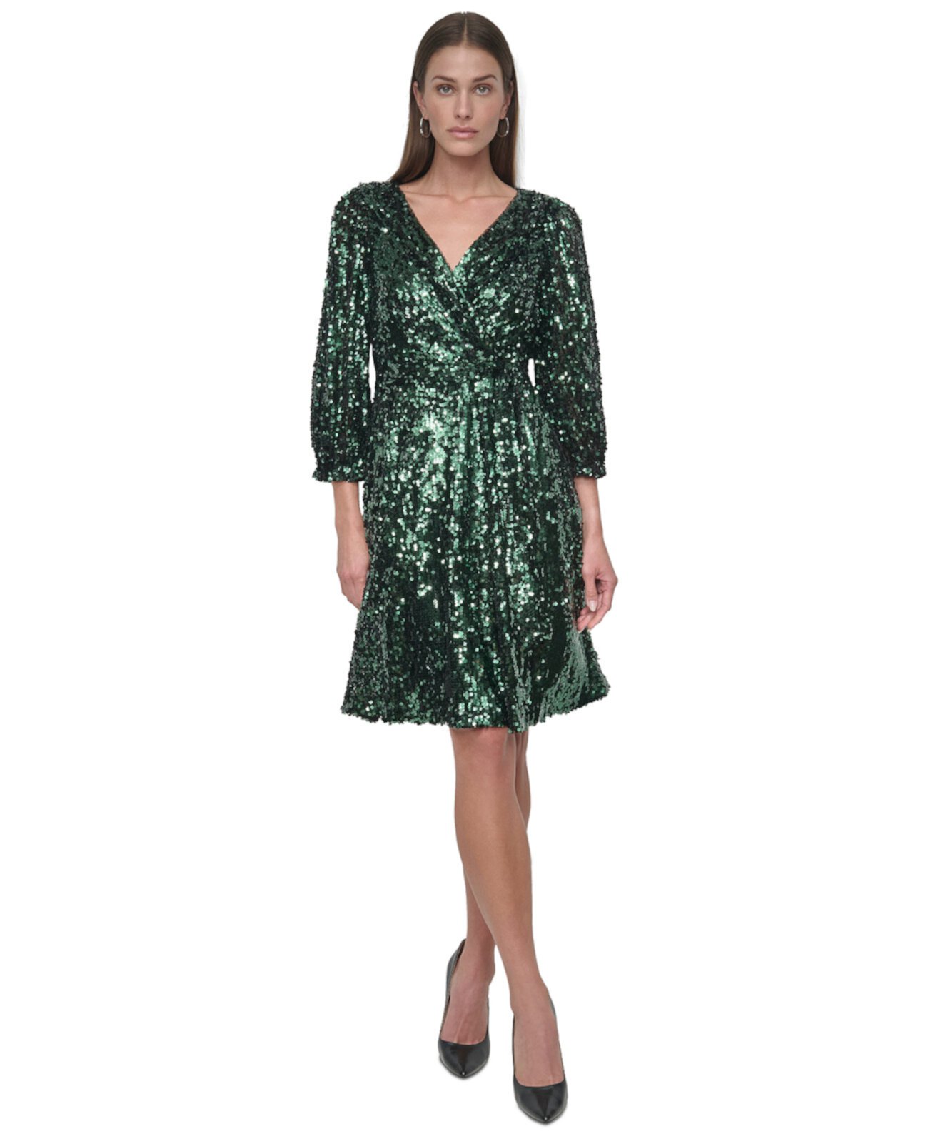 Women's Sequinned Faux-Wrap Fit & Flare Dress DKNY