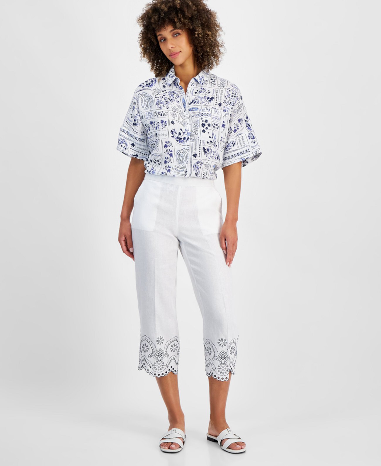 Women's Linen Eyelet-Trim Cropped Pants, Created for Macy's Charter Club