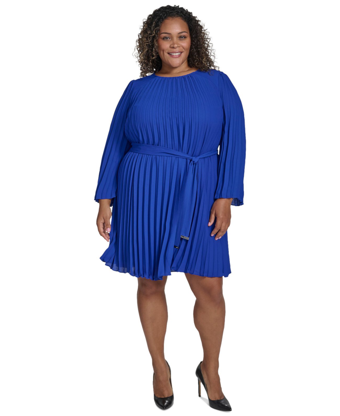 Plus Size Pleated Tie-Front A-Line Long-Sleeve Dress DKNY