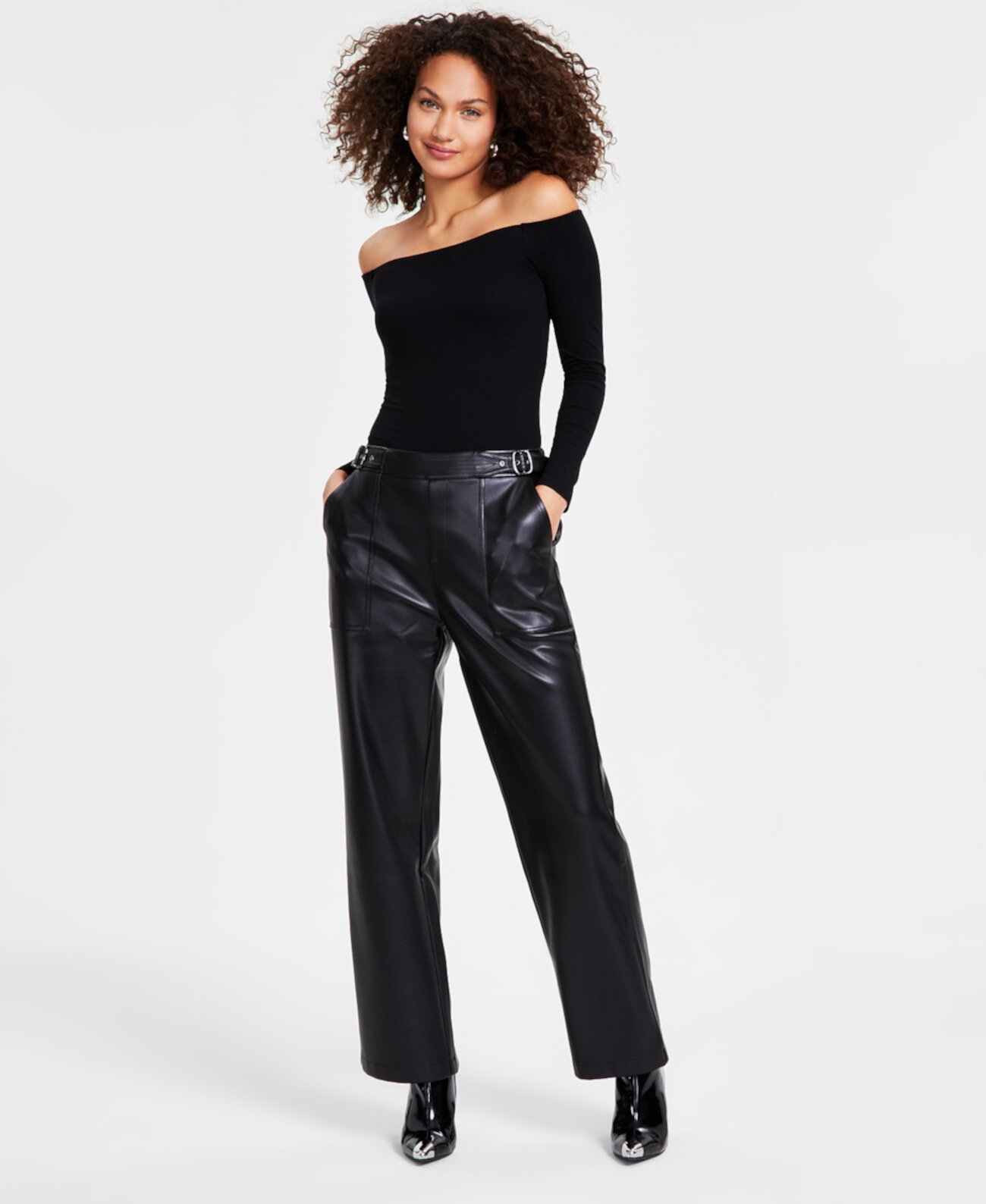 Women's Faux-Leather Belt-Waist Straight Pants, Created for Macy's Bar III