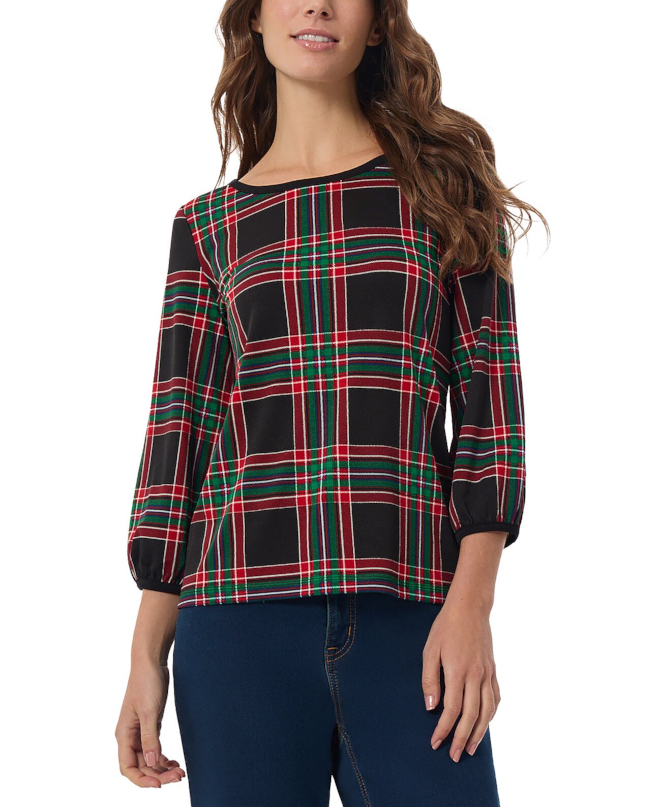 Petite Plaid 3/4-Sleeve Crewneck Top Jones New York