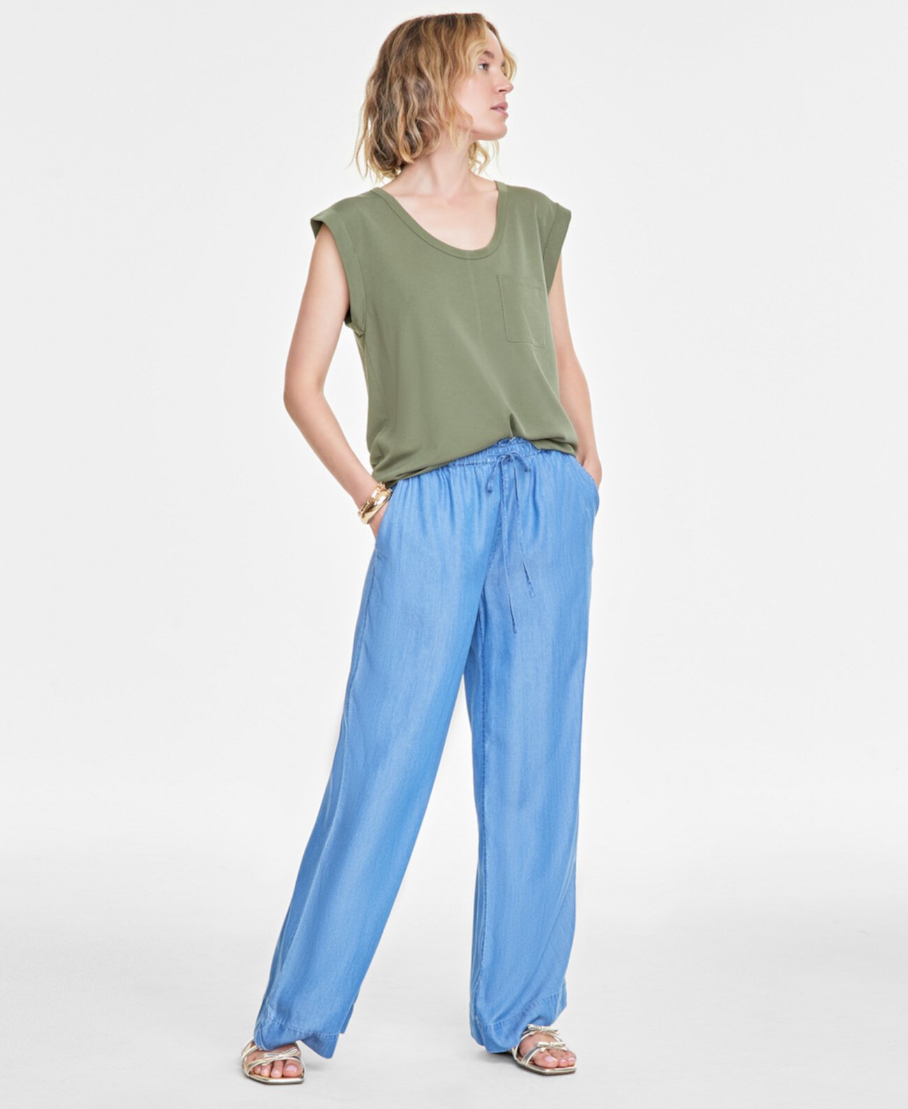 Women's Chambray Drawstring Wide-Leg Pants, Created for Macy's On 34th