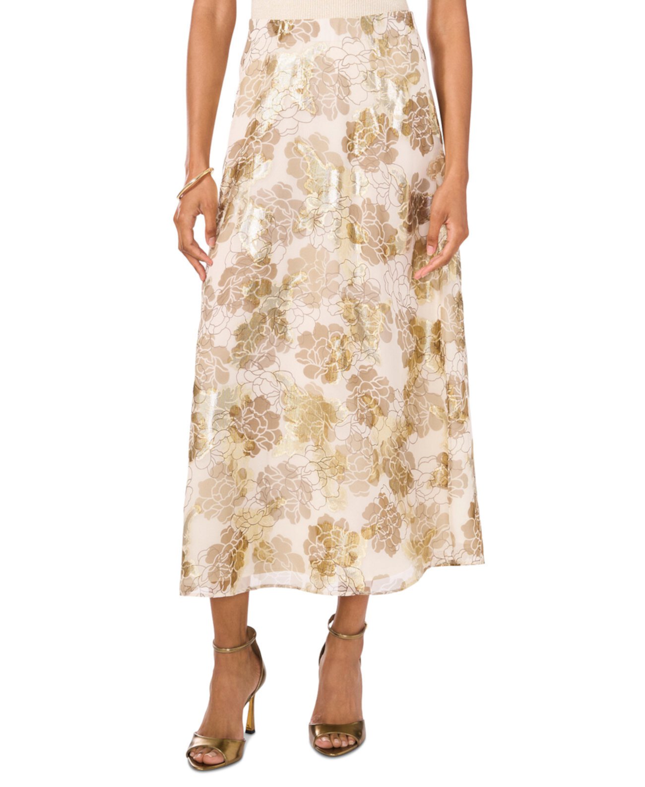 Women's Metallic Floral-Print Midi Skirt Vince Camuto