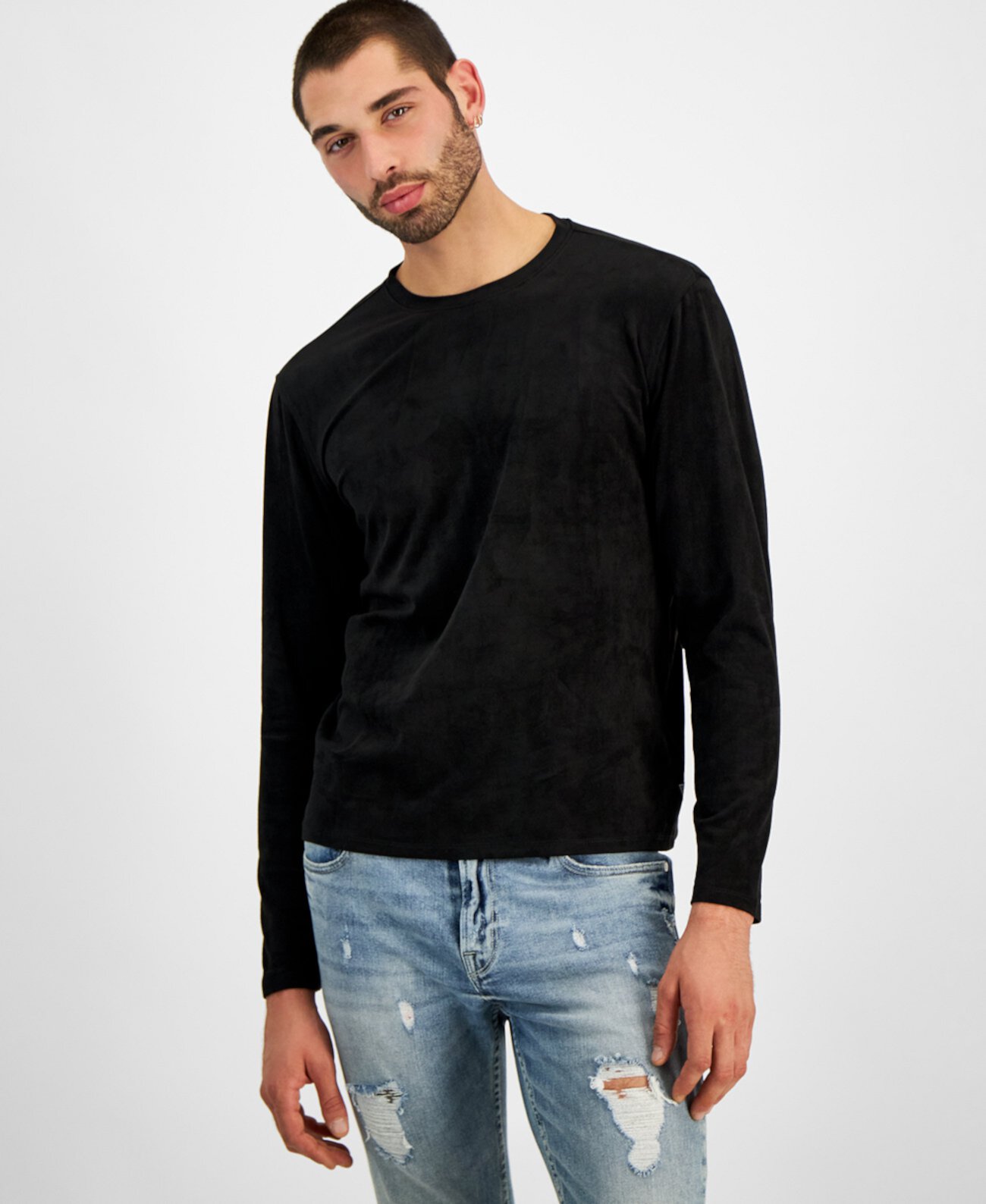 Men's Garrett Relaxed-Fit Faux-Suede Long-Sleeve T-Shirt GUESS