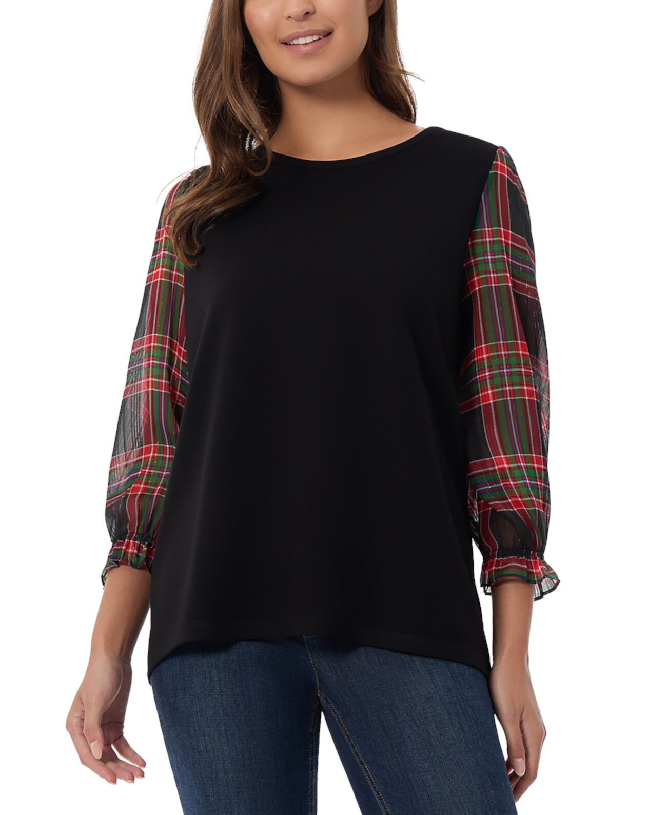 Petite Plaid Sleeve Boatneck Top Jones New York