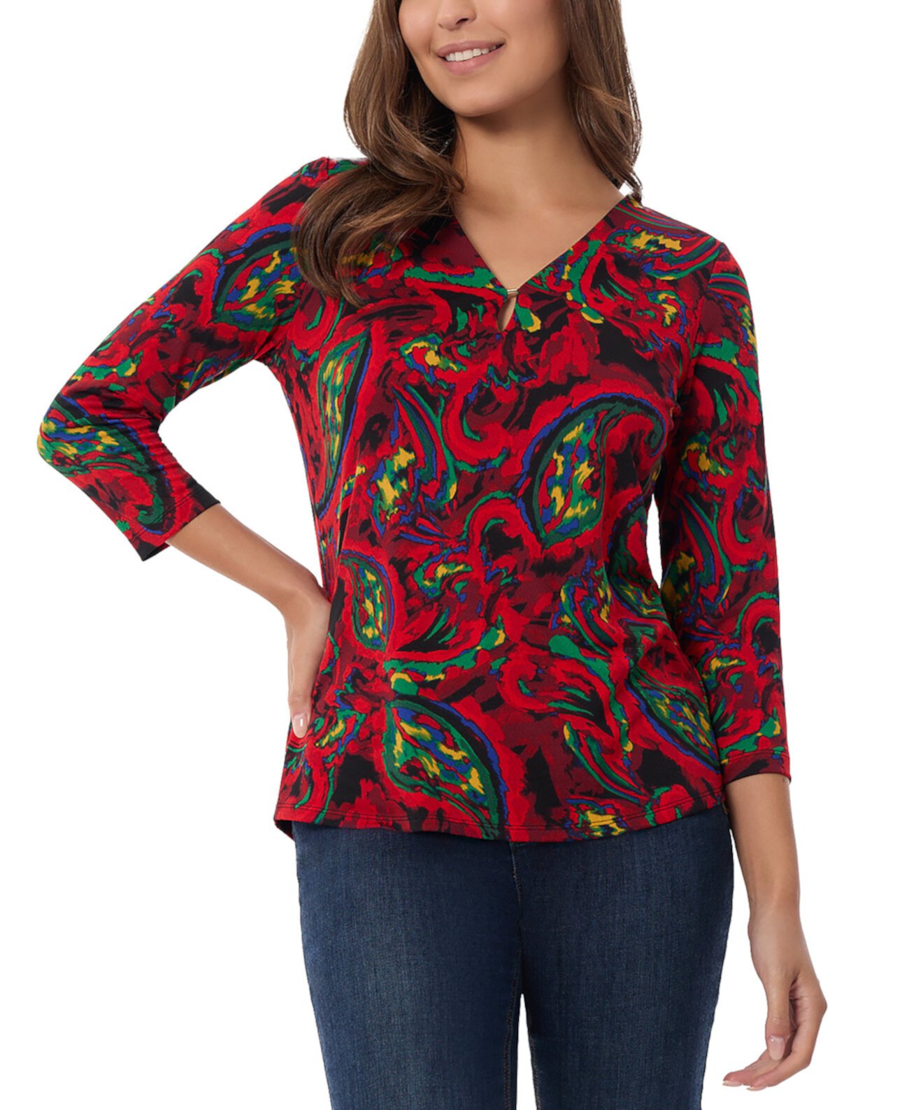 Petite Printed Keyhole 3/4-Sleeve Top Jones New York