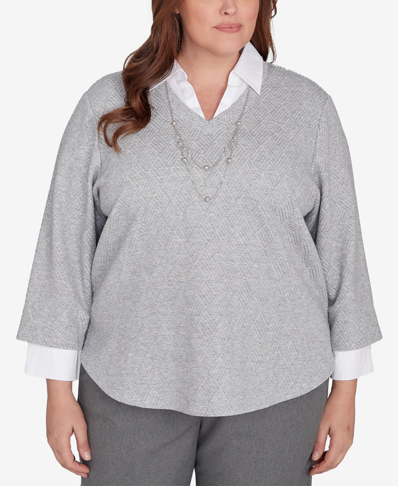 Plus Size Copenhagen Soft Collared Two in One Top with Necklace Alfred Dunner