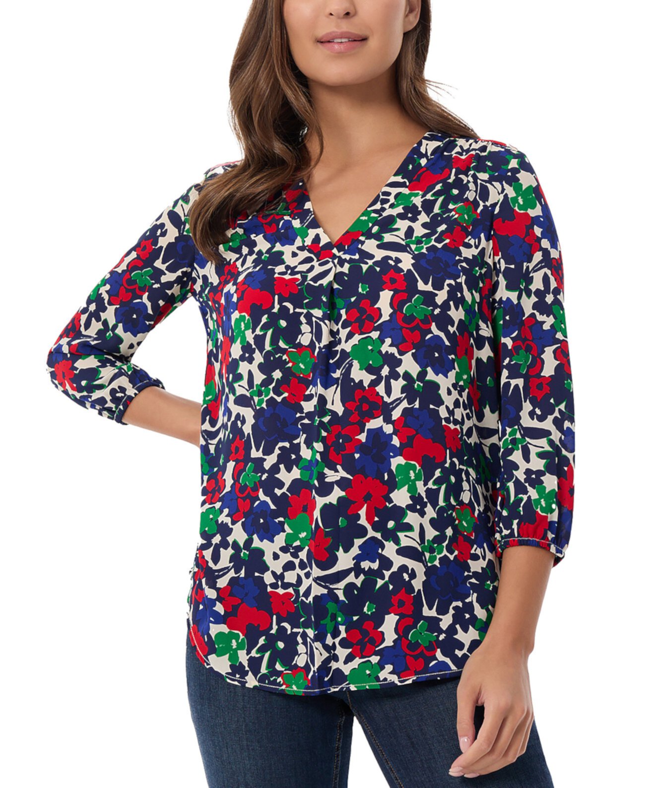 Petite Floral Print Blouson-Sleeve V-Neck Blouse Jones New York