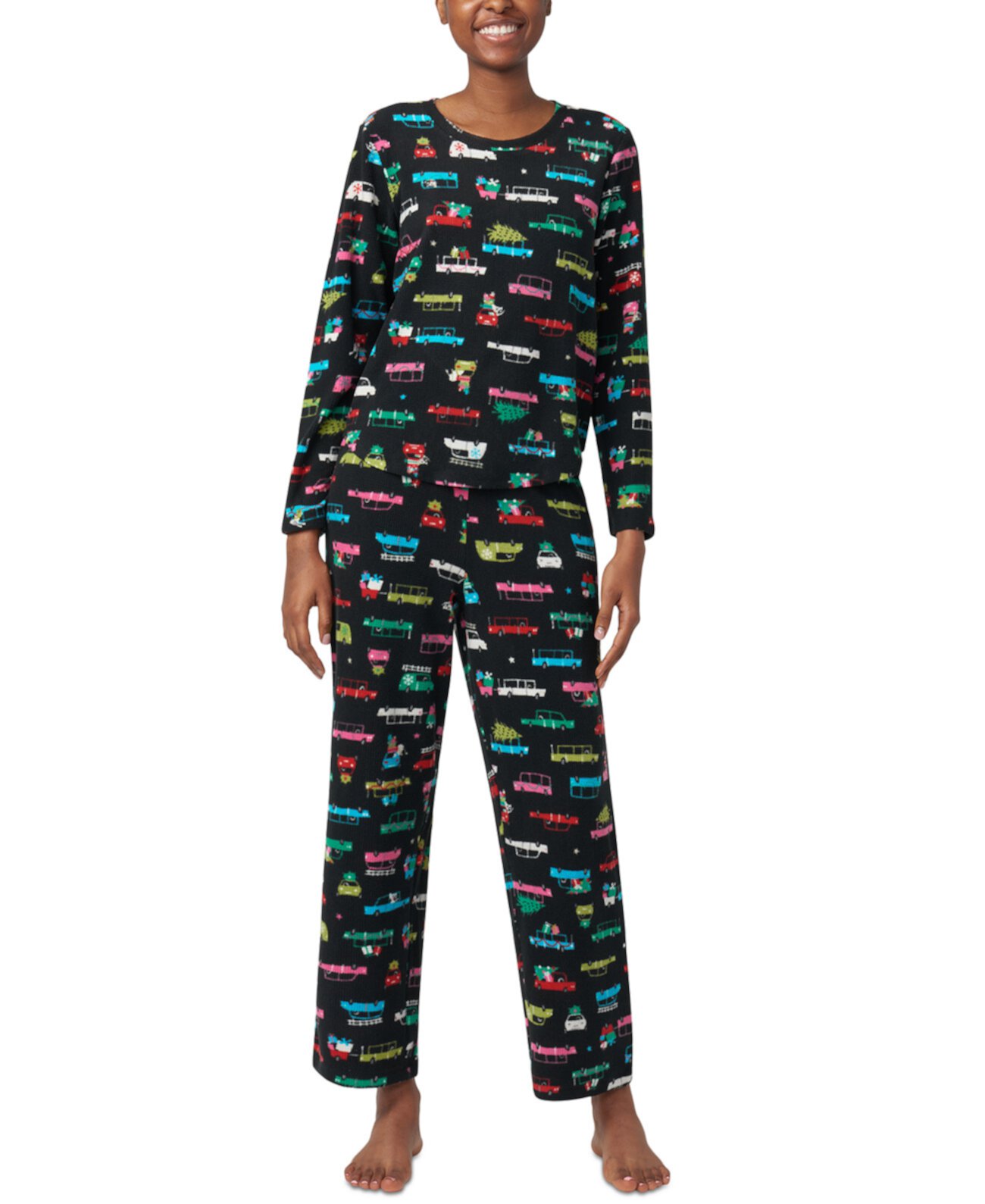 Women's Printed Waffle-Fleece Long Pajama Set HUE