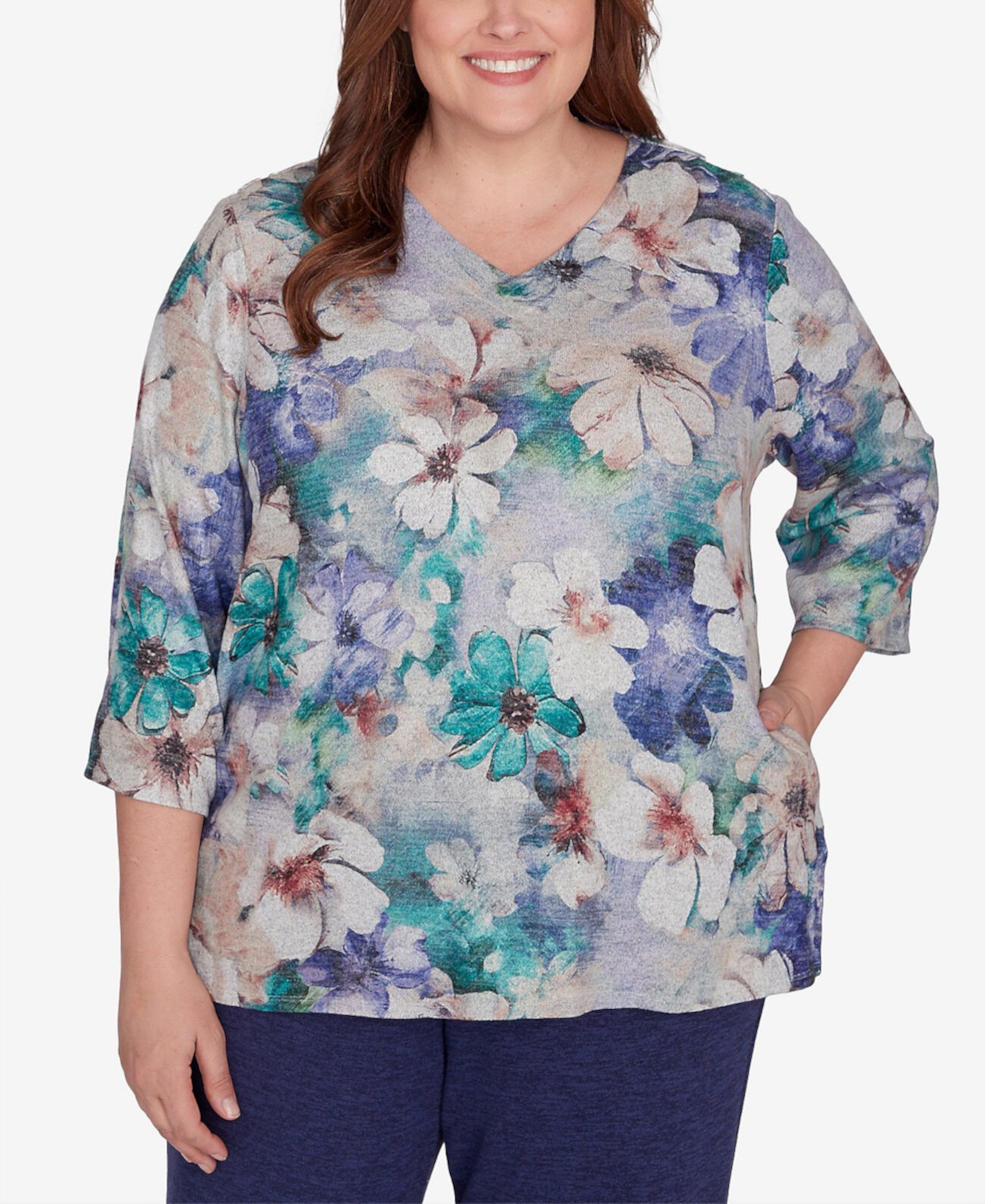 Plus Size French Quarter Watercolor Floral Melange Top with Pockets Alfred Dunner