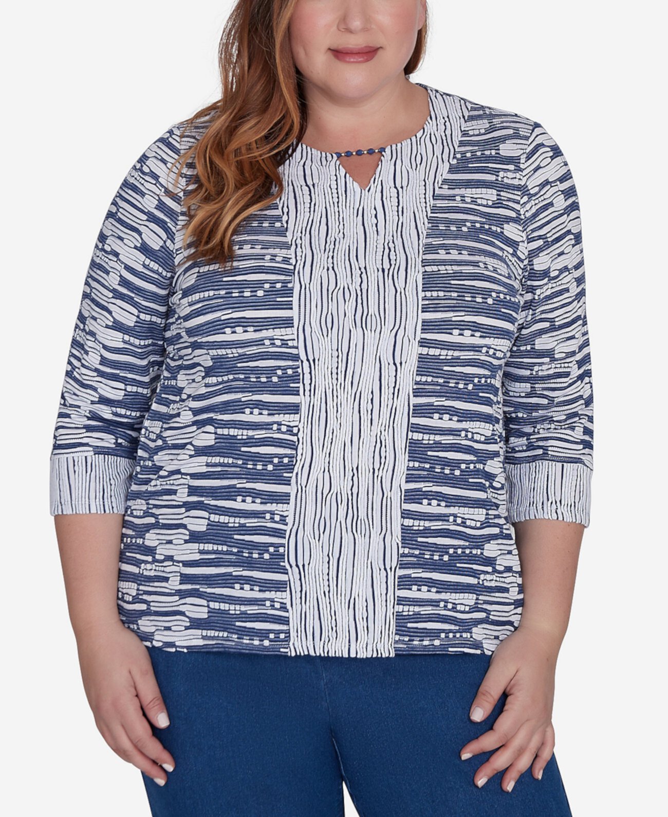 Plus Size Lake Victoria Split Neck Spliced Texture Top Alfred Dunner