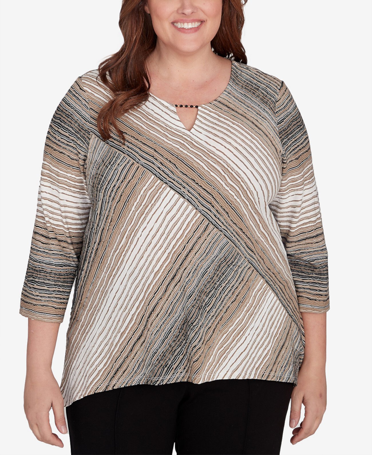 Plus Size Romancing the Stone Neutral Spliced Textured Stripe Top Alfred Dunner