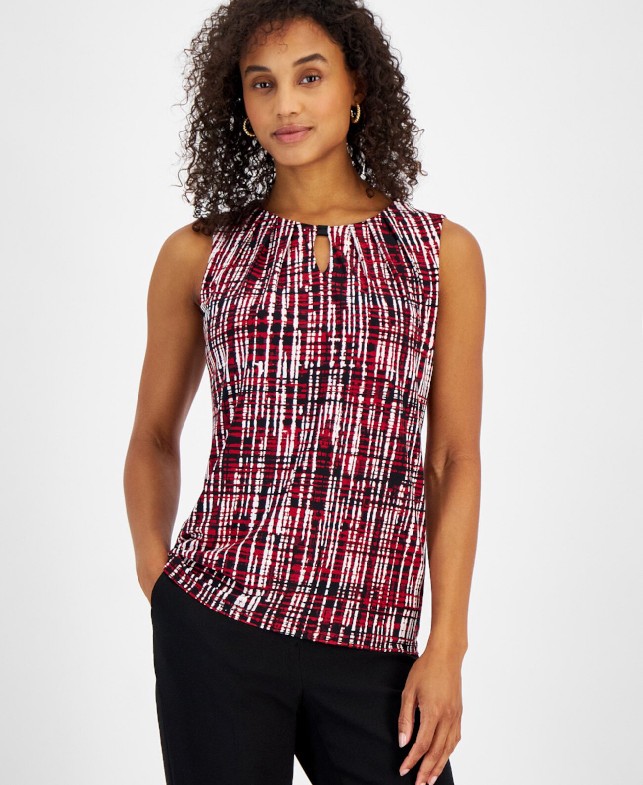 Women's Graphic-Print Pleat-Neck Sleeveless Knit Top Kasper