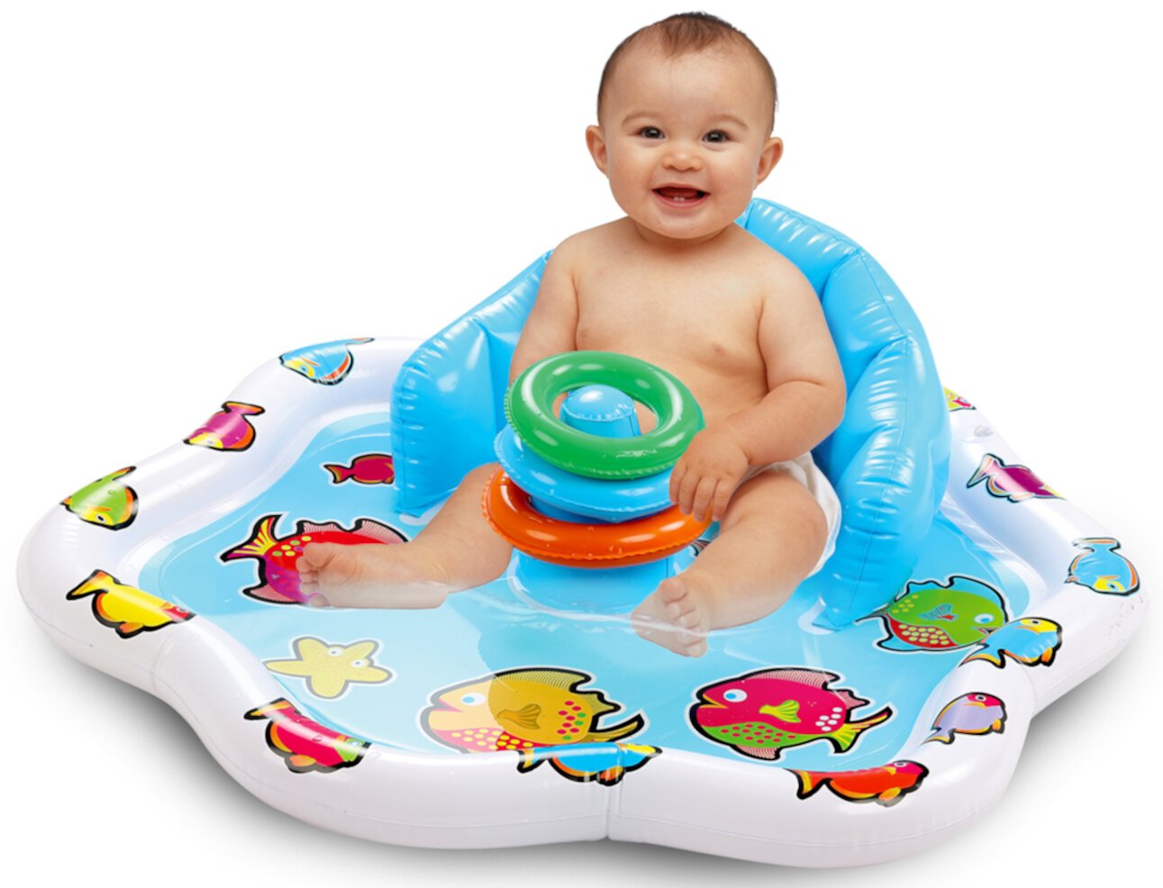 Bundaloo Infant Pool Splash Mat Inflatable with Backrest & Stackable Ring Toys | Summer Fun Activity for Baby Toddlers | Easy Setup Bundaloo