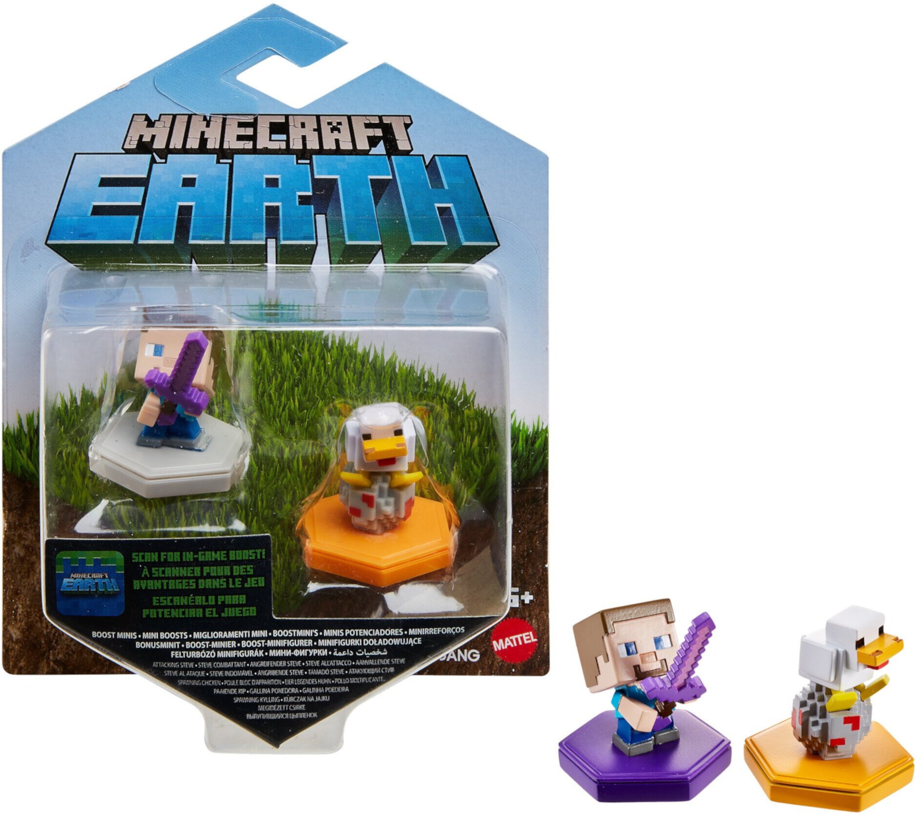 Minecraft Earth Boost Mini Attacking Steve & Spawning Chicken Figure 2-Pack, NFC Chip Enabled For Play With Minecraft Earth Augmented Reality Mobile Device Game, Toys For Girls And Boys Age 6 And Up Minecraft