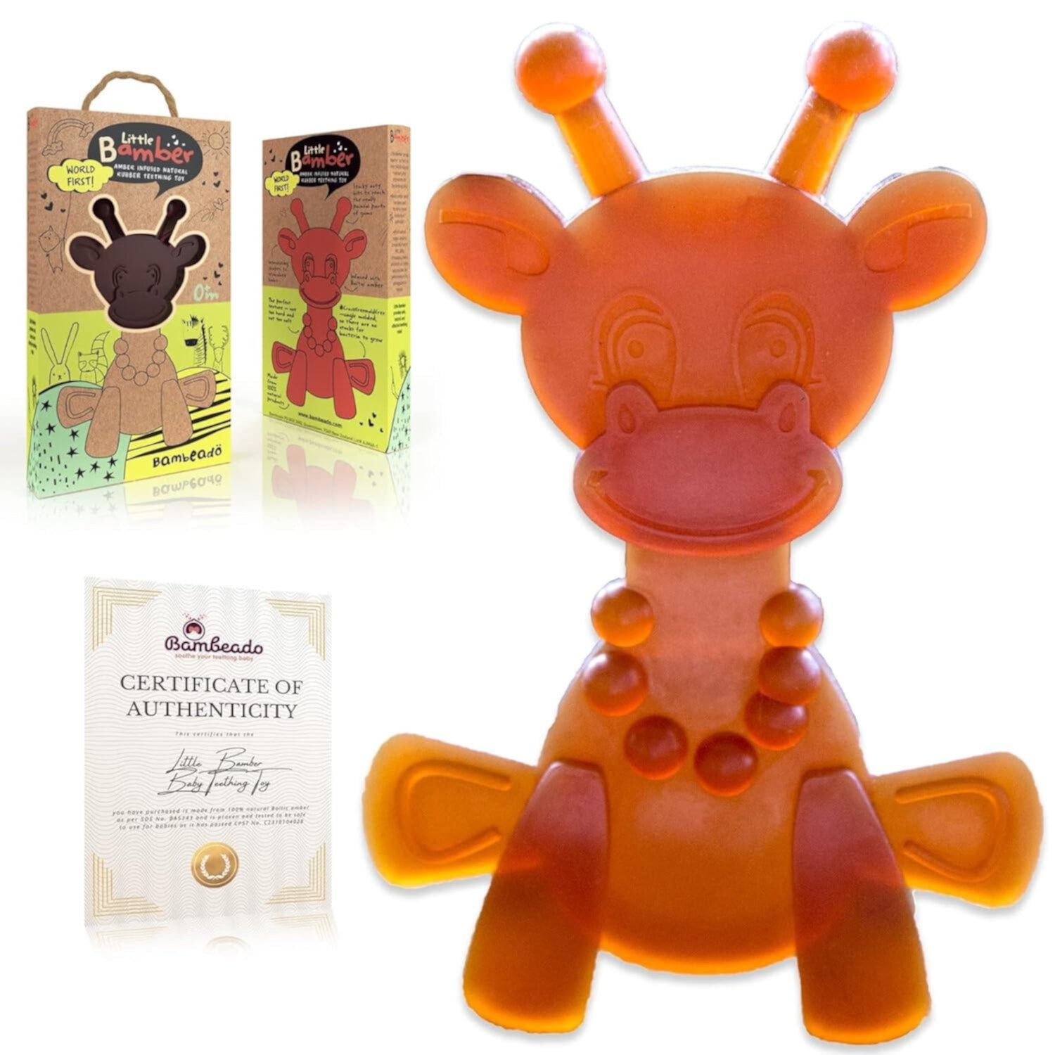 Little Bamber Amber Baby Teether Toy All Natural Amber Infused Soothing Rubber Giraffe Teething Toy (Pink) Bambeado