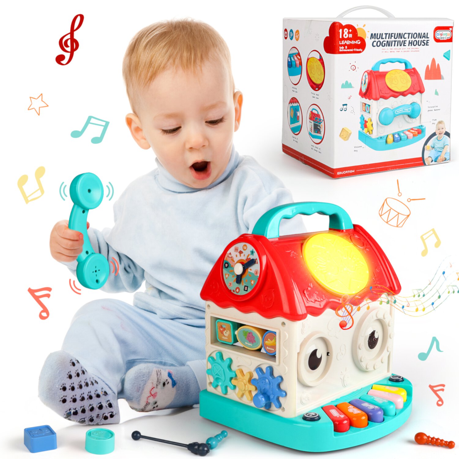 Freecat Toys for Babies Girls Boys Ages 1 2 3 Years, Baby Activity Cube Toys, with Baby Light up Music Drum, Birthday Christmas Early Education Learning Gifts for Baby 12 18 24 Months. Freecat