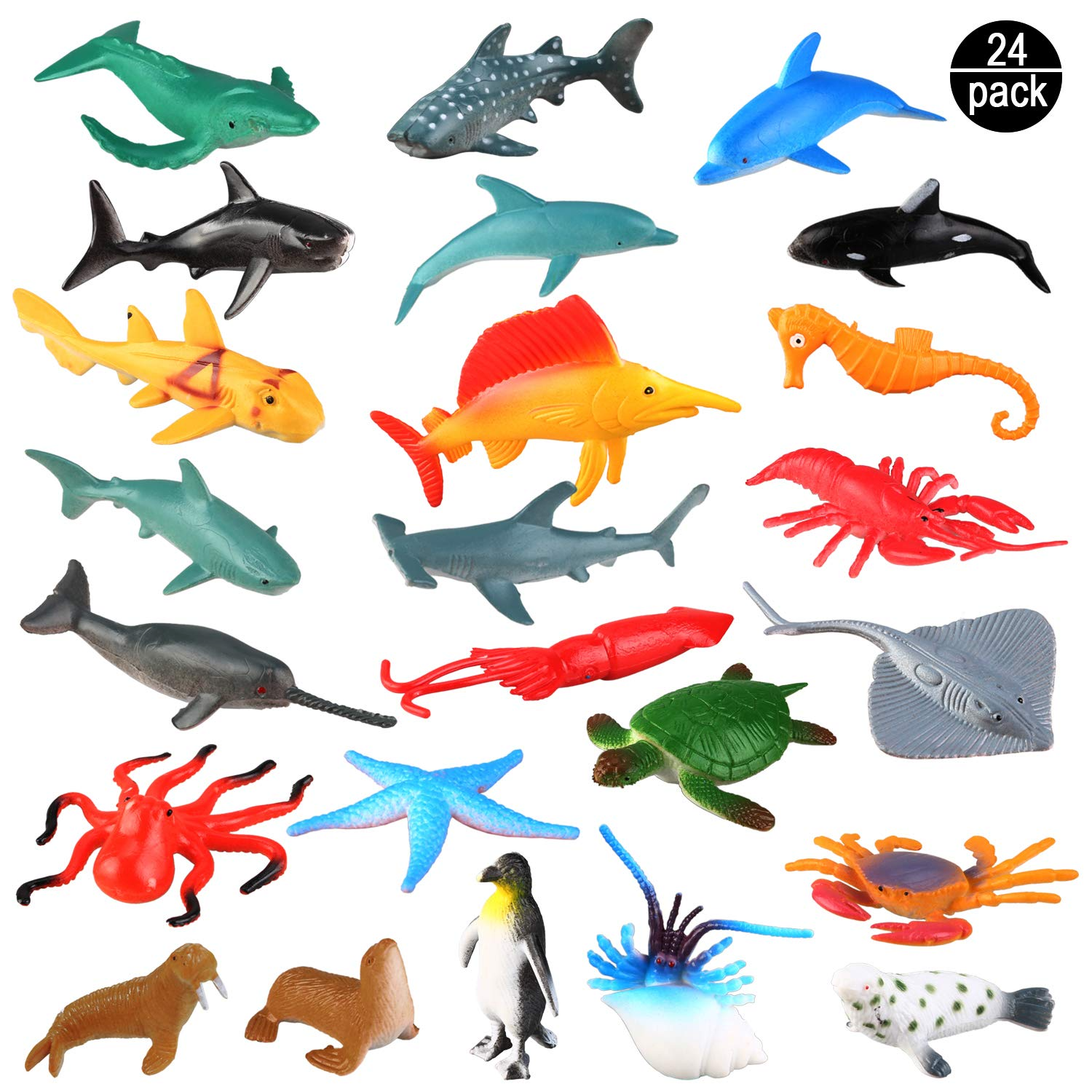 Fixdono 24 Pack Plastic Sea Ocean Animals Figure Sea Creatures Model Toys Set, Baby Bath Toys, Birthday Toys for Kids with Turtle Octopus Shark Fixdono