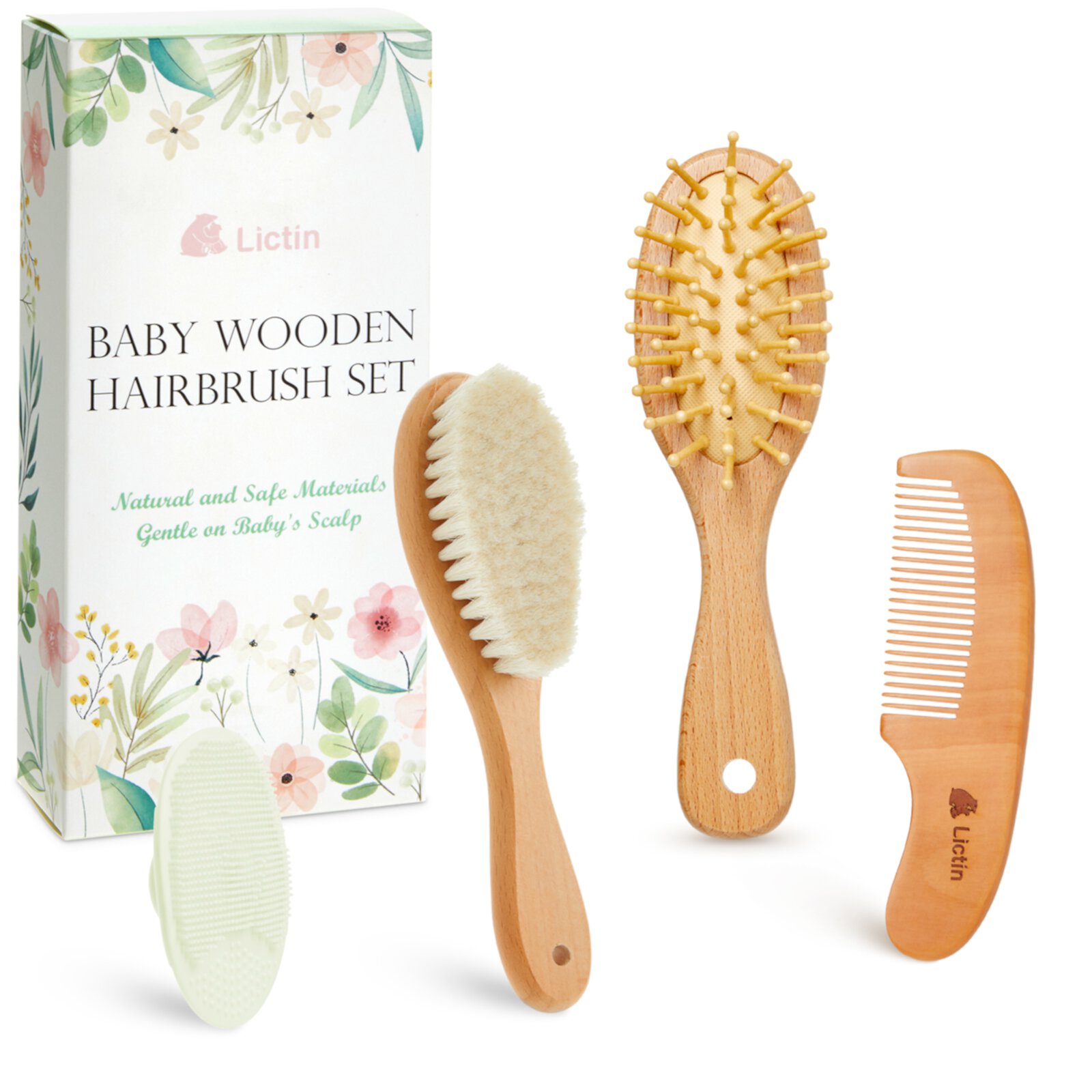 Lictin Baby Hair Brush and Comb Set, 4Pcs Newborn Wooden Hair Brush with Soft Goat Bristles, Baby Cradle Cap Comb Set, Infant Grooming Kit for Baby Shower Gift Lictin