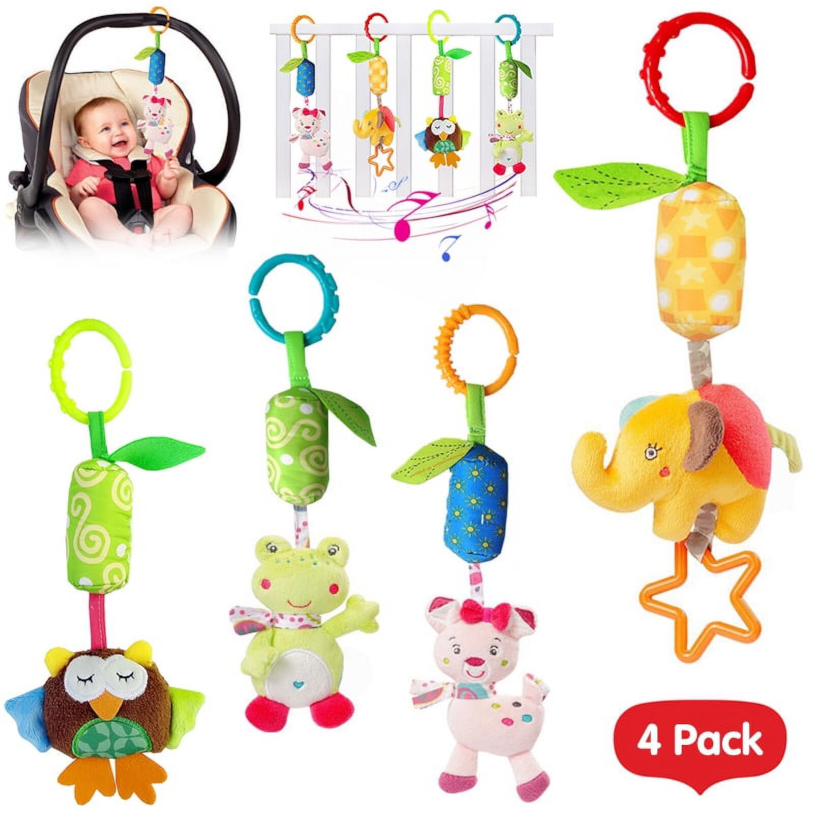 SAYLITA 4 Pack Baby Toy Soft Hanging Rattle Learning Toy with Teethers Plush Animal C-Clip Ring Infant Newborn Stroller Car Seat Crib Travel Activity Wind Chimes Hanging Toys for 3 6 9 12 Months SAYLITA