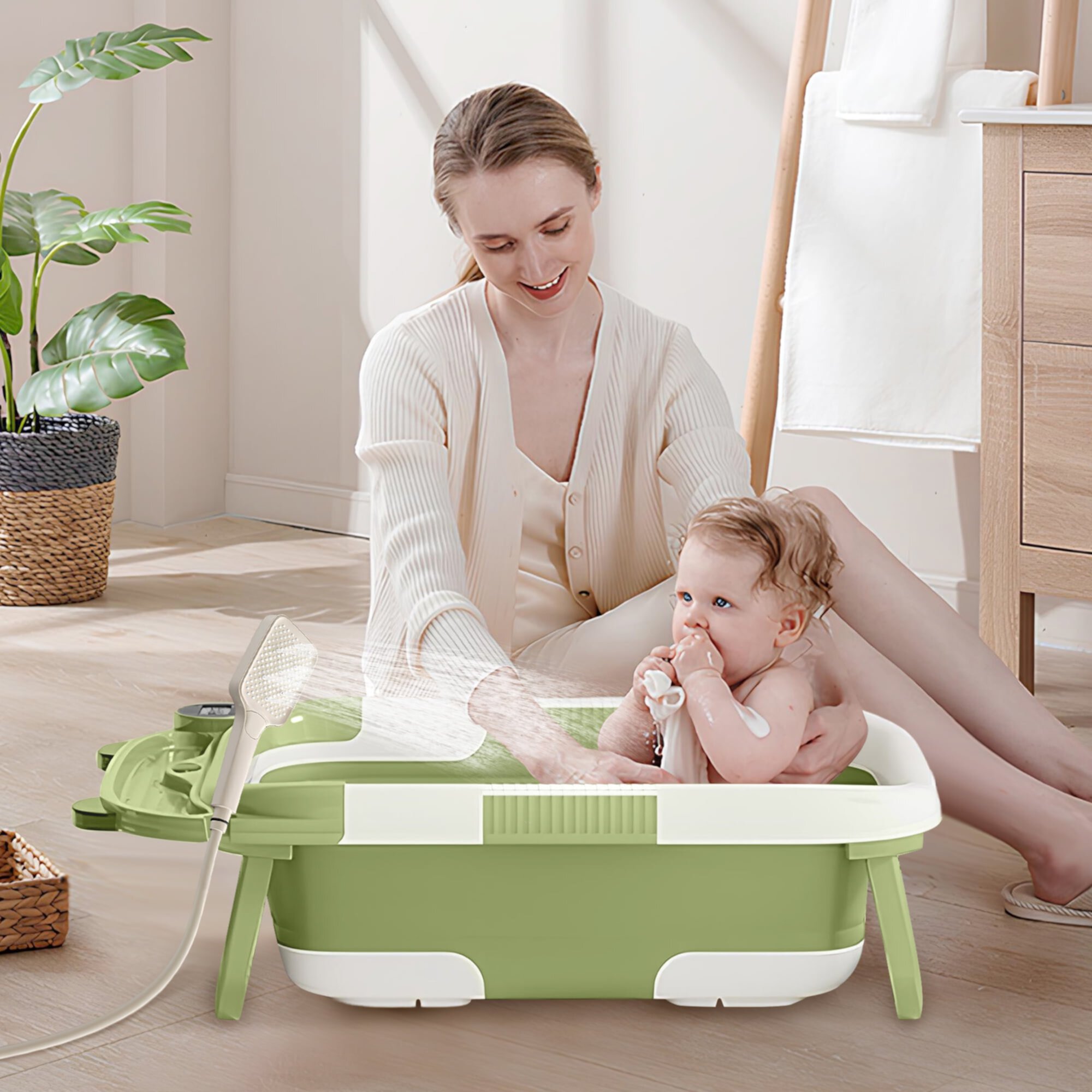 RICHYOUNG Foldable Baby Bathtub, Portable Bath Tub with Thermometer & Mesh Mat for Infant to Toddler,Green RICHYOUNG