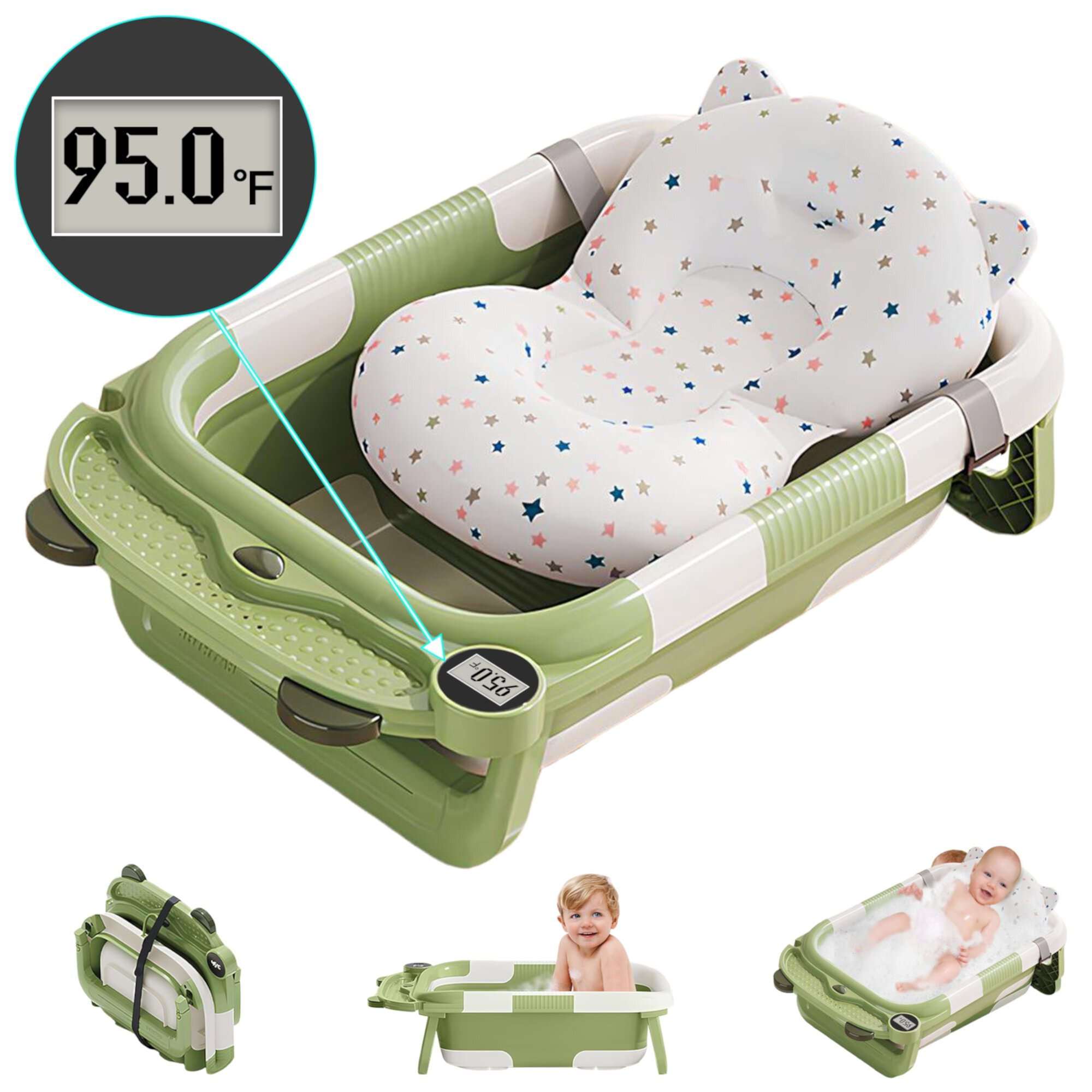 RICHYOUNG Foldable Baby Bathtub with Thermometer & Soft Cushion,Green RICHYOUNG