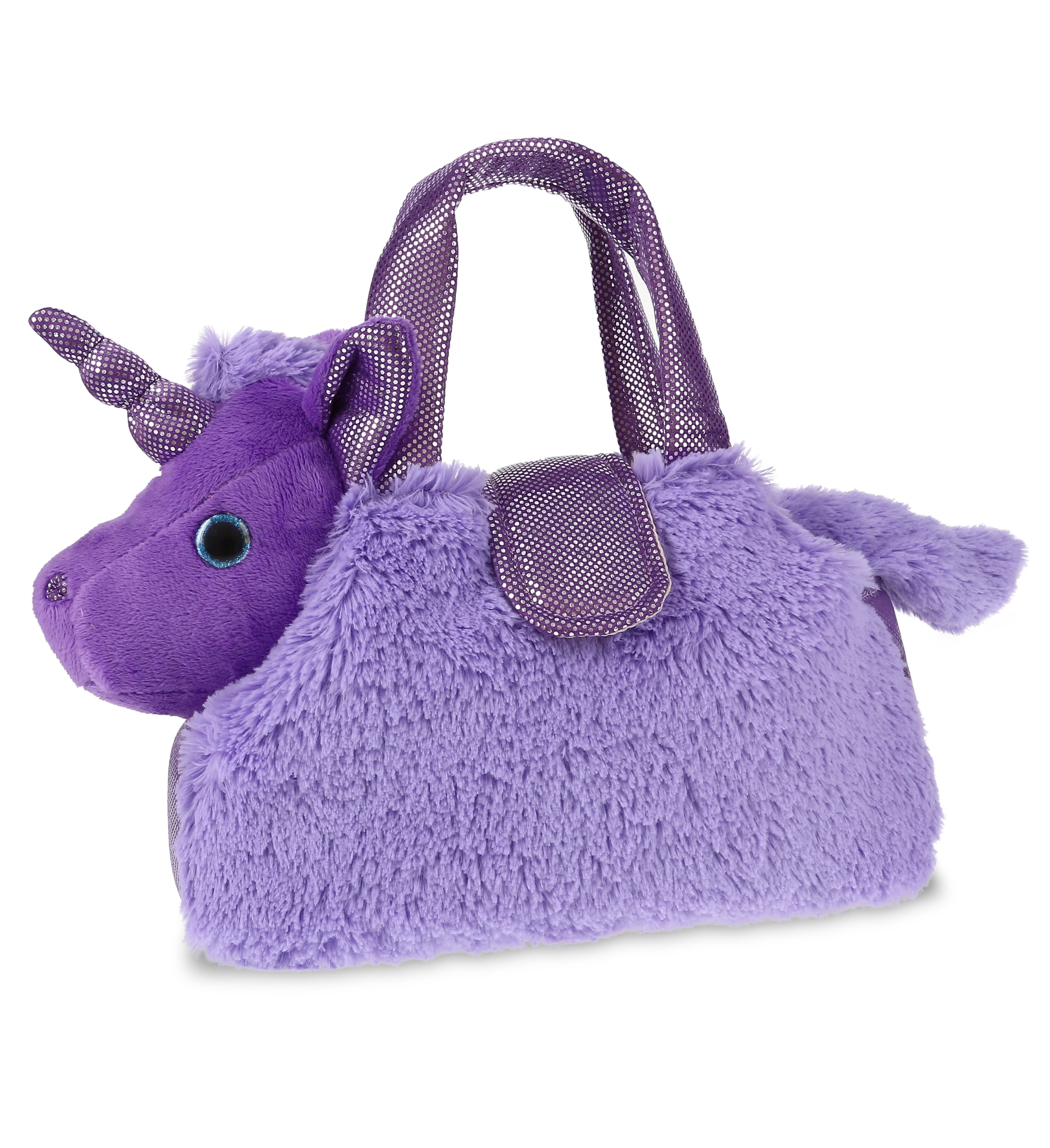 DolliBu Pink Unicorn Plush Purse Pet Carrier - Cute Unicorn Stuffed Animal Purse Bag For Girls, Removable Rainbow Unicorn Plush in Purple Leather Handbag for Dress Up, Pretend Play, and Travel Dollibu