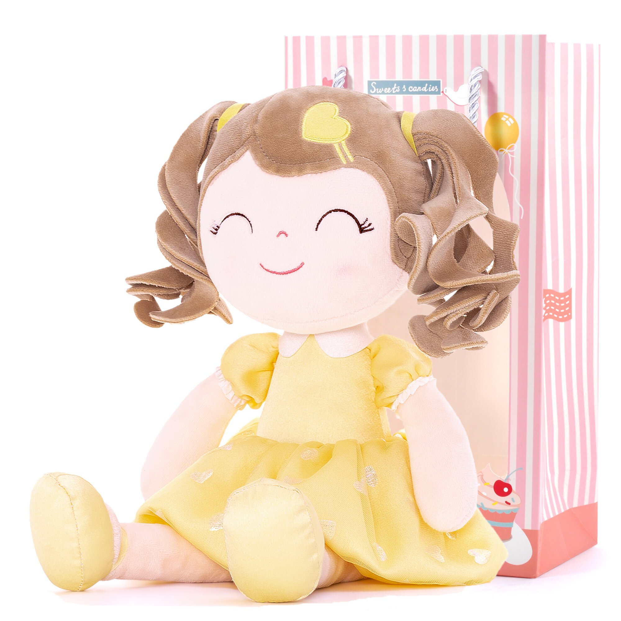 Gloveleya Baby Girl Gifts Plush Dolls Curly Hair Doll Soft Girls Toy Love Heart Yellow Dress 16 Inches Gloveleya