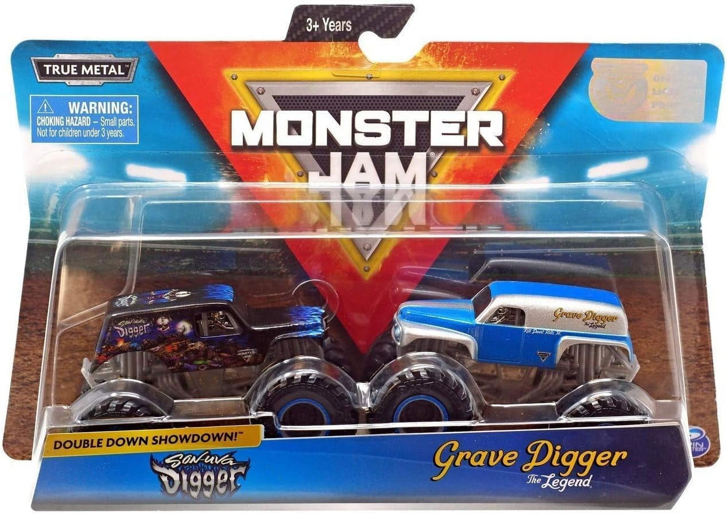 (2 pack) Monster Jam Grave Digger vs Son-Uva Digger Monster Truck Duo Pack- True Metal 1:64 Scale Die-Cast with Original Grave Digger Paint and Body- Works on All 1:64 Tracks- Authentic Collectible for Fans Monster Jam