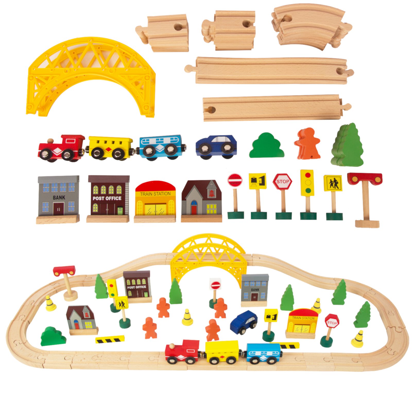 WoodenEdu 60Pcs Train Set for 3 Year Old Boys, Double-Side Wooden Train Set Tracks for Toddlers, Fits Brio, Thomas, Melissa and Doug, Kids Wood Train Toys for 3 4 5 Year Old Boys and Girls WoodenEdu