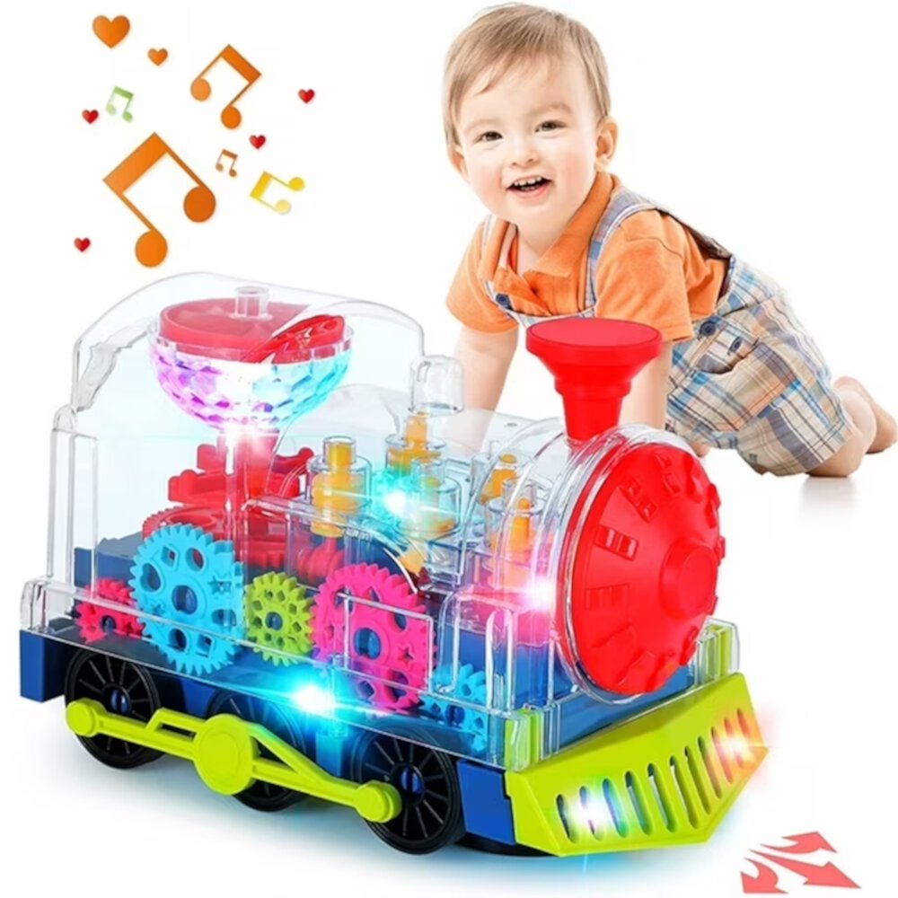 Gear Train Toy, Transparent Electric Kids Gear Train with Flashing Lights, Early Educational Musical Train Set Birthday Gift for Boy and Girl BeishT