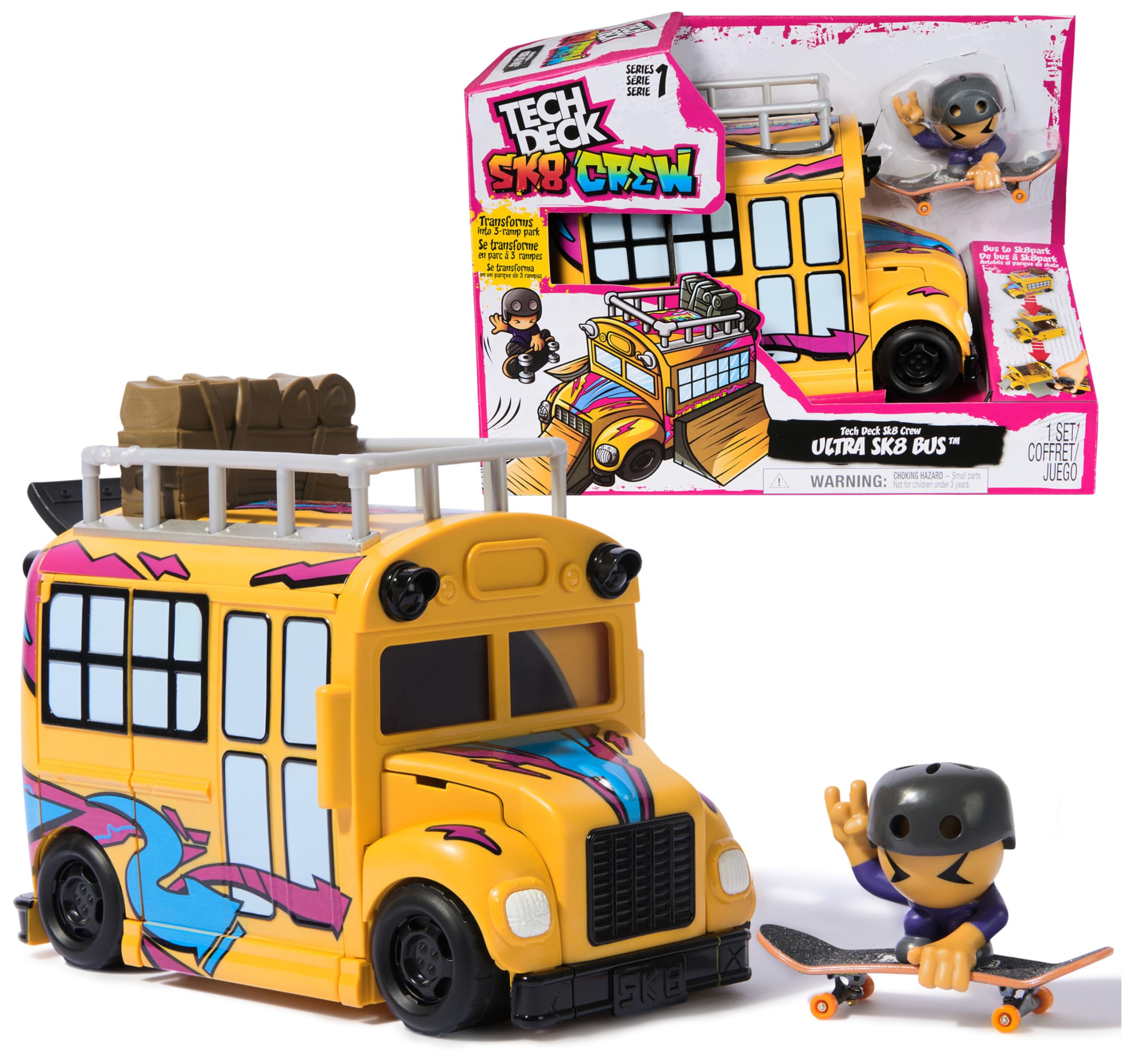 TECH DECK Sk8 Crew 2-in-1 Transforming Ultra Sk8 Bus & Storage with Fingerboard & Figure, Collectible Mini Skateboards, Kids Toys for Ages 5 and up C44 Tech Deck