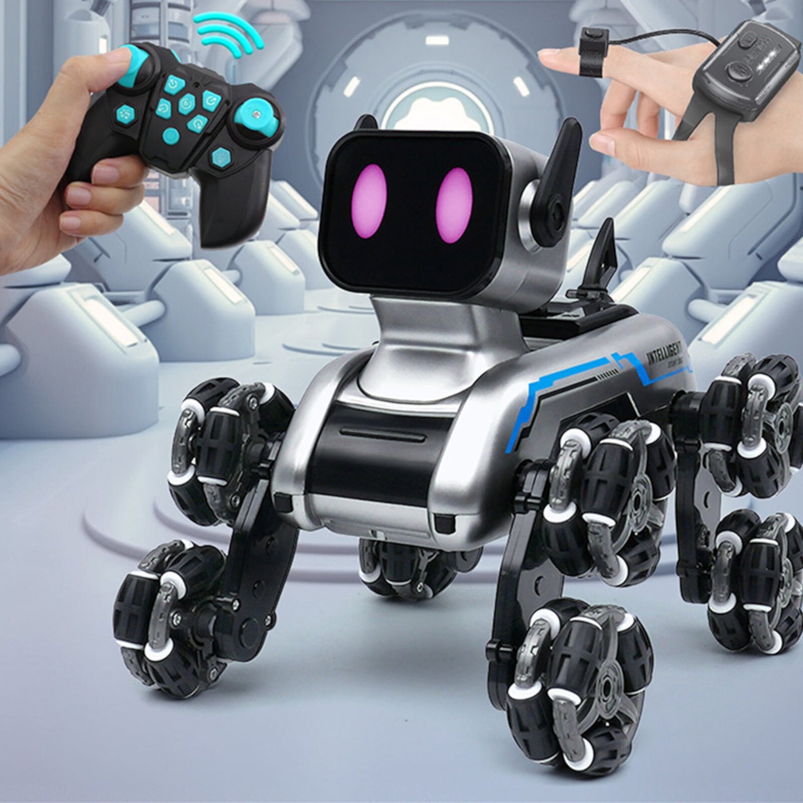 SPOORYYO Intelligent Remote Control Electronic Pet Mechanical Toy Dog Robot with Eight Wheels for Kids Aged 5-10, Featuring LED Lights and Realistic Movements SPOORYYO