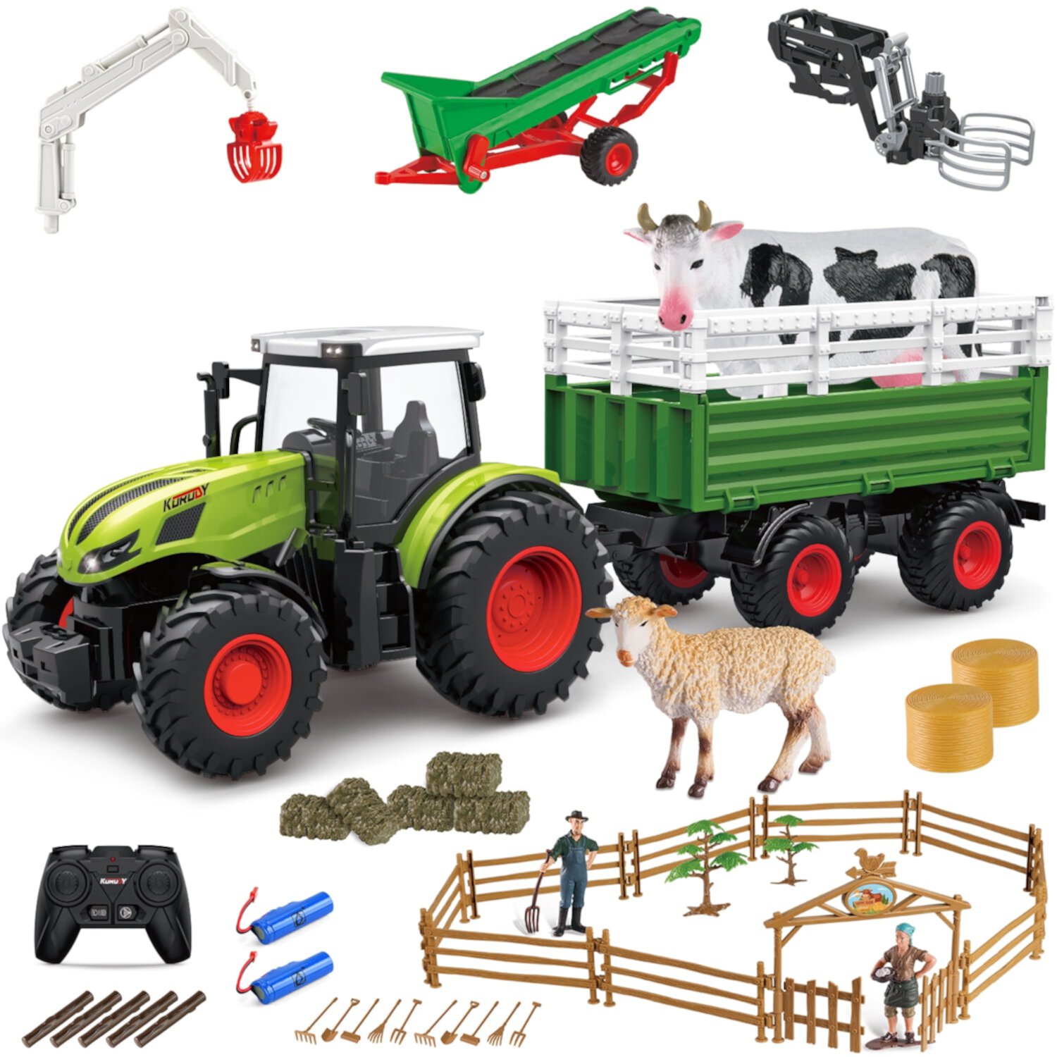 Fisca 4 en 1 Juego de Tractor de Jardinera de Granja con Control Remoto con 4 Piezas de Función Intercambiables y Rancho de Bricolaje para Niños 3+ Fisca