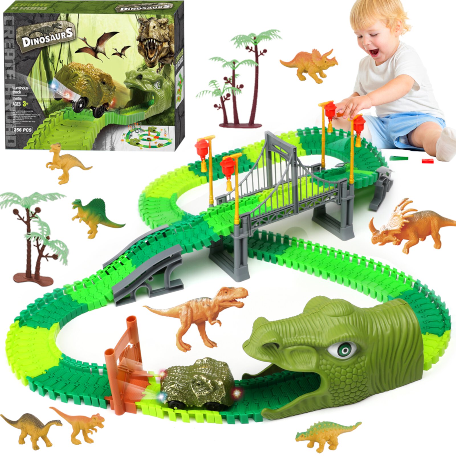 Beefunni Dinosaur Train Toys Road Race Track Set, Toddler Dinosaur World Toys Cars, Christmas Birthday Gifts for 2 3 4 5 6 7 8 Year Old Boys Girls Beefunni