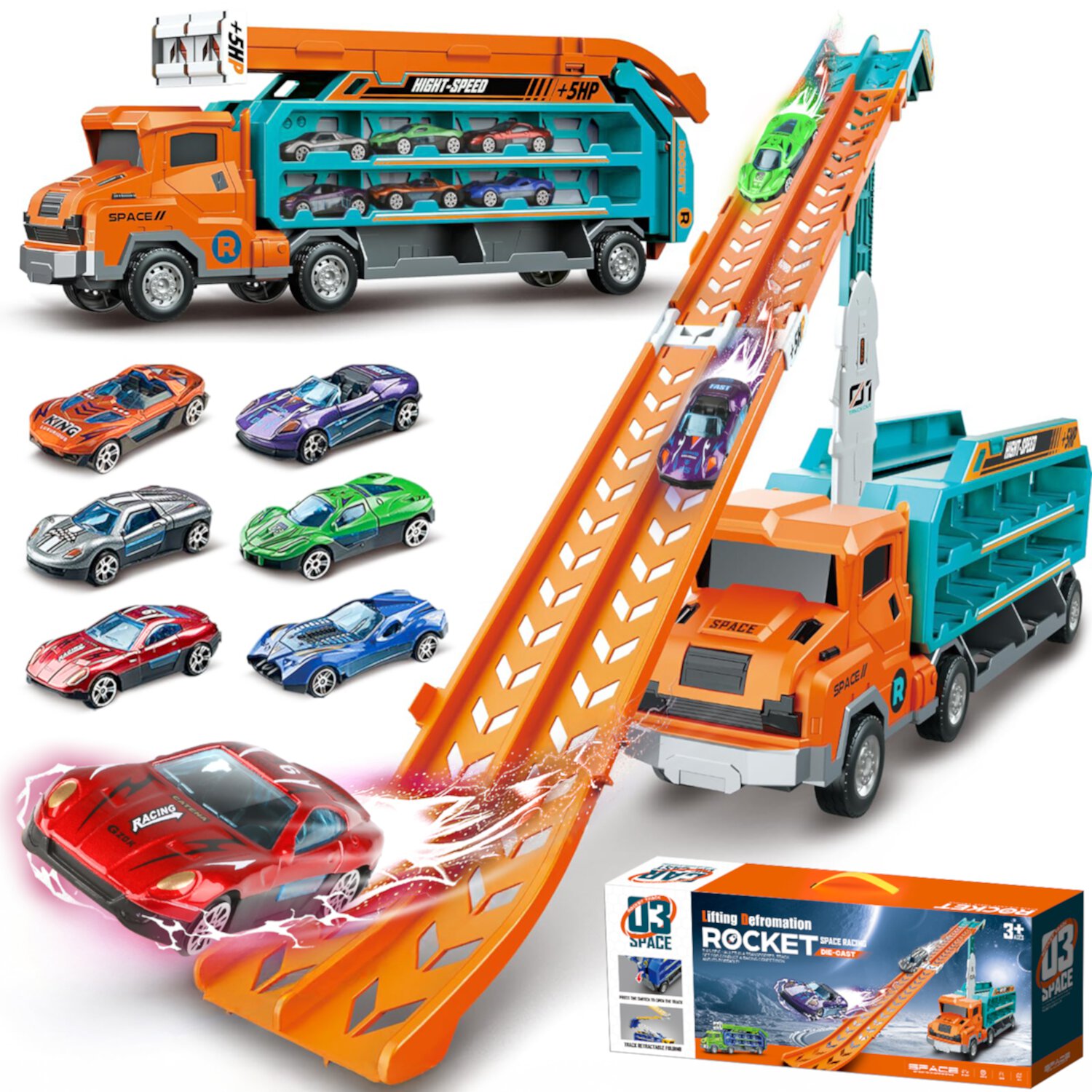 Hot Bee Car Carrier Transport Truck Toys for Kids Age 3-5 4-8, 2.8-Ft Foldable Race Track with 6 Mini Die-Cast Metal Cars, Birthday Christmas Gift Toys for Toddlers Boys Girls 3+ Hot Bee