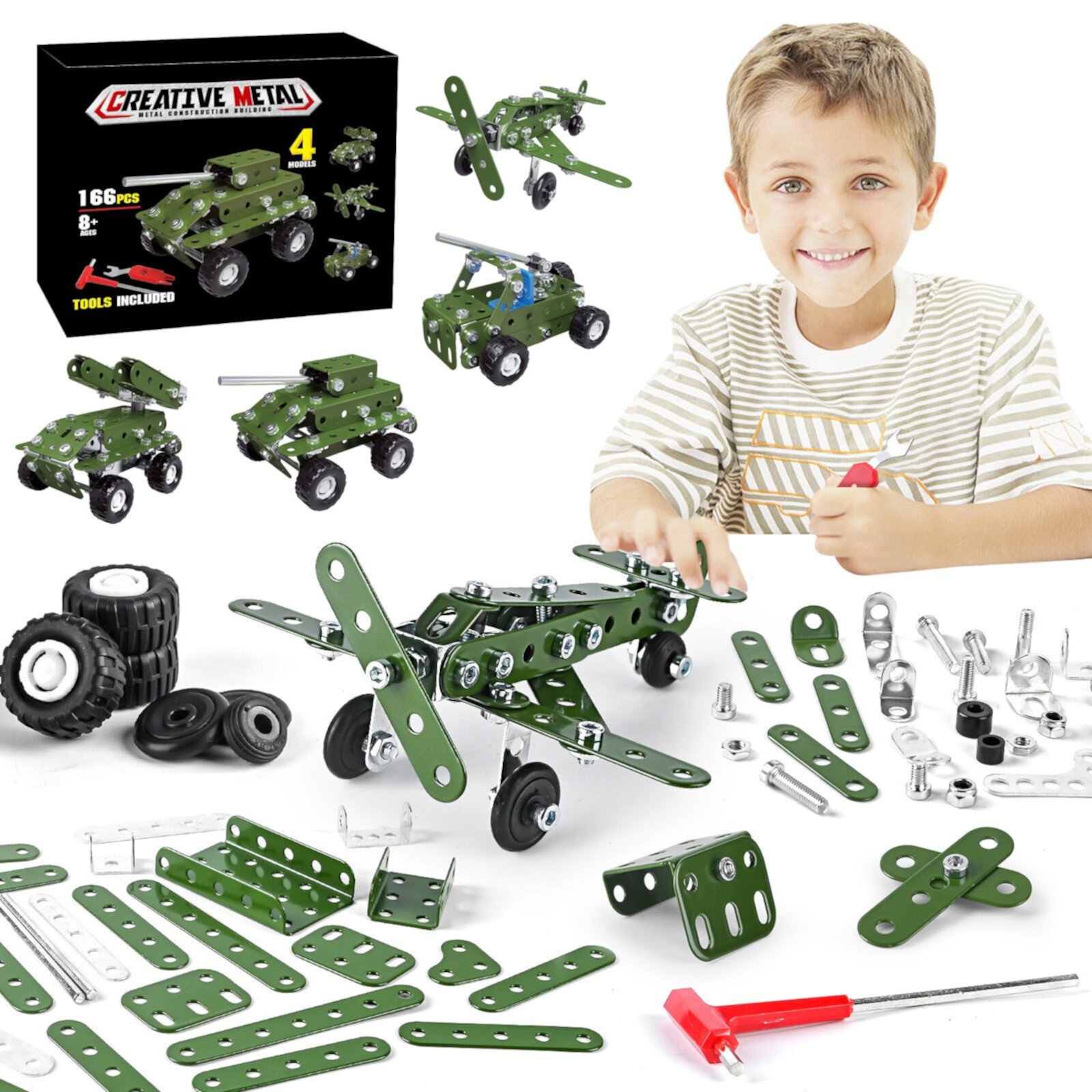 STEM Metal Building Car Model Kit for Kids Ages 8-16 - DIY Assembly with 166 Parts - Enhancing Hand-Eye Coordination and Motor Skills - Green Color, 2.9 x 5.5 x 5.5 Size Panoegsn