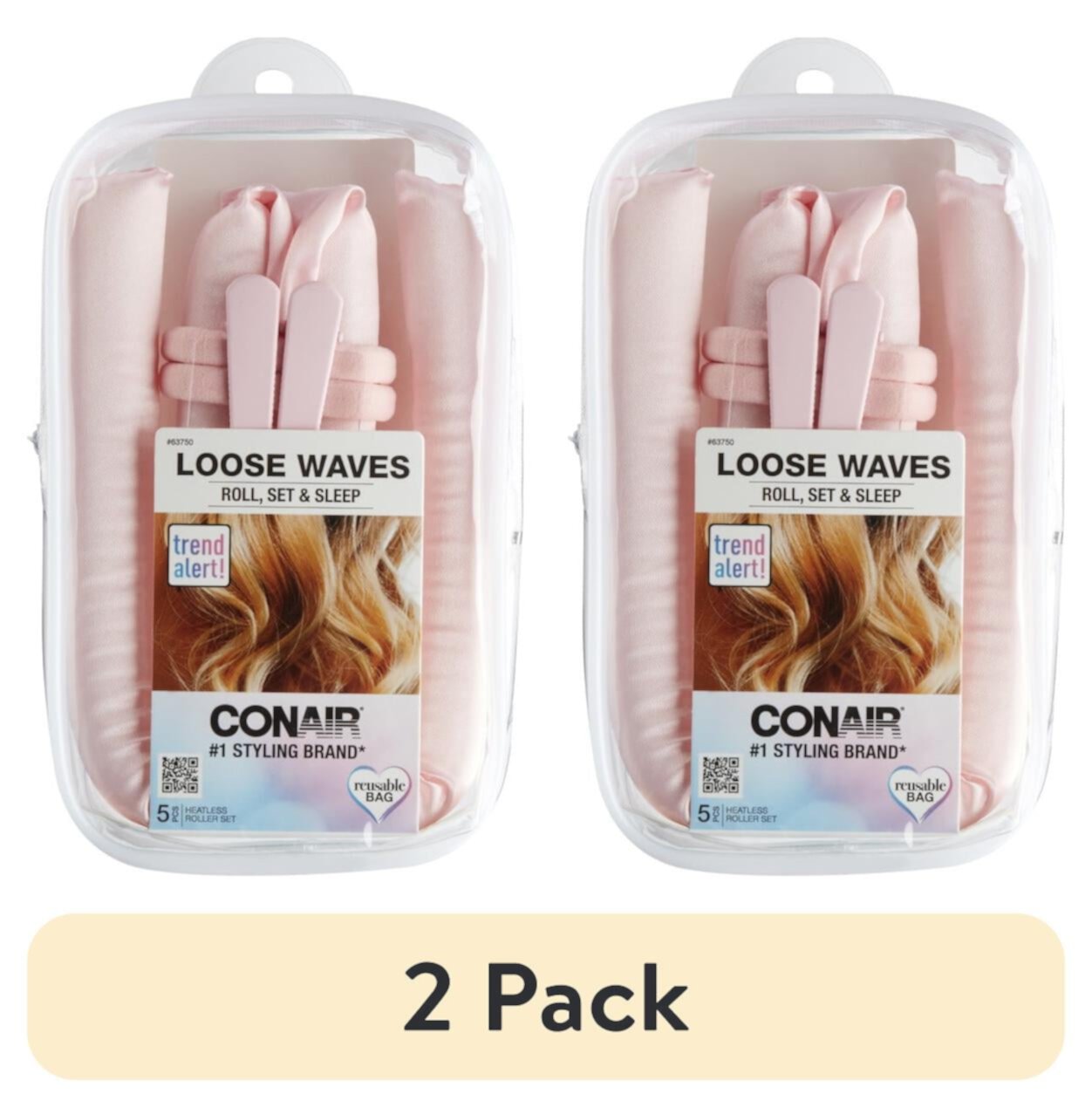 (2 pack) Conair Loose Waves Heatless Satin Foam Soft Twist Hair Roller Curling Set, 5 Ct Conair