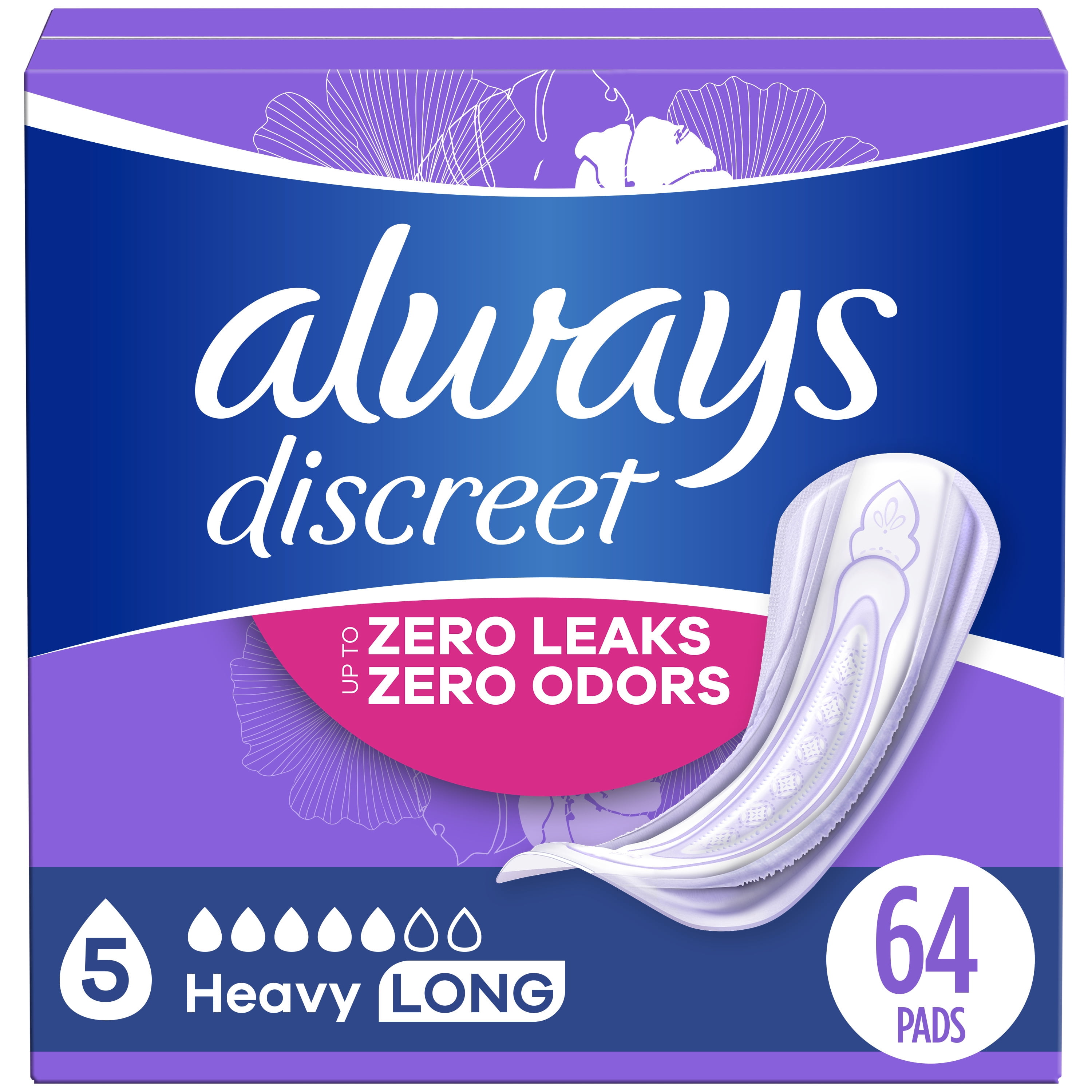 Always Discreet Incontinence Pads, Heavy Absorbency, Long Length, Lightly Scented 64 CT (Pack of 2) Always Discreet