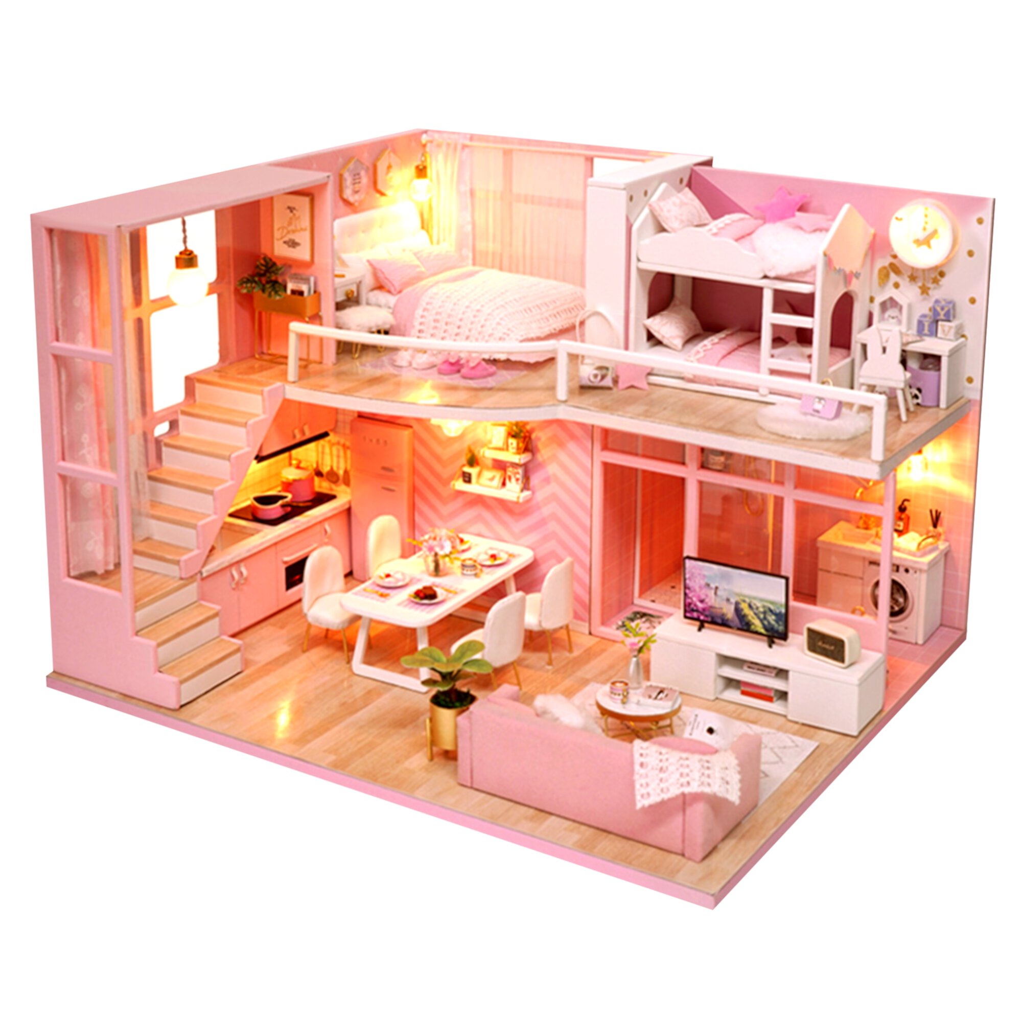 DIY Miniature Dollhouse Kit Realistic Mini 3D Wooden Loft Doll House Apartment with Furniture LED Lights Children's Day Birthday Gift Christmas Decoration FAGINEY