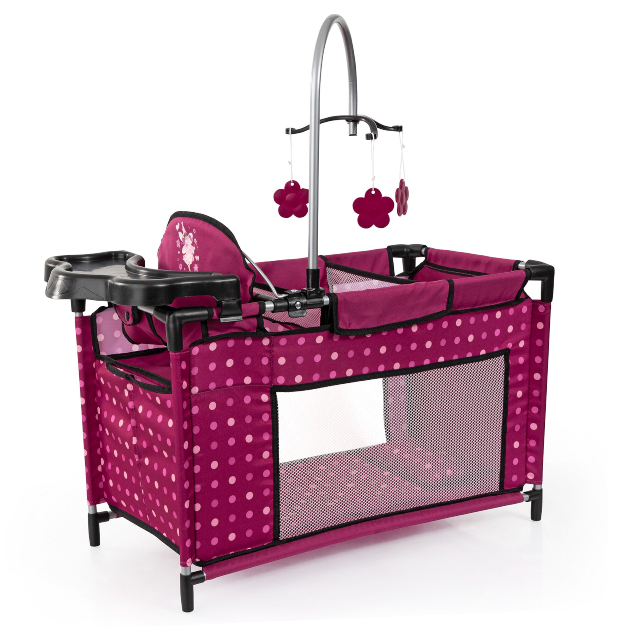 Bayer Design Dolls: Multi Bed - Hot Pink, Dots, Fairy - Playpen For Dolls Up To 18", Built-In Highchair & Mobile, Pillow & Blanket, Kids Toy, Age 3+ Bayer Design