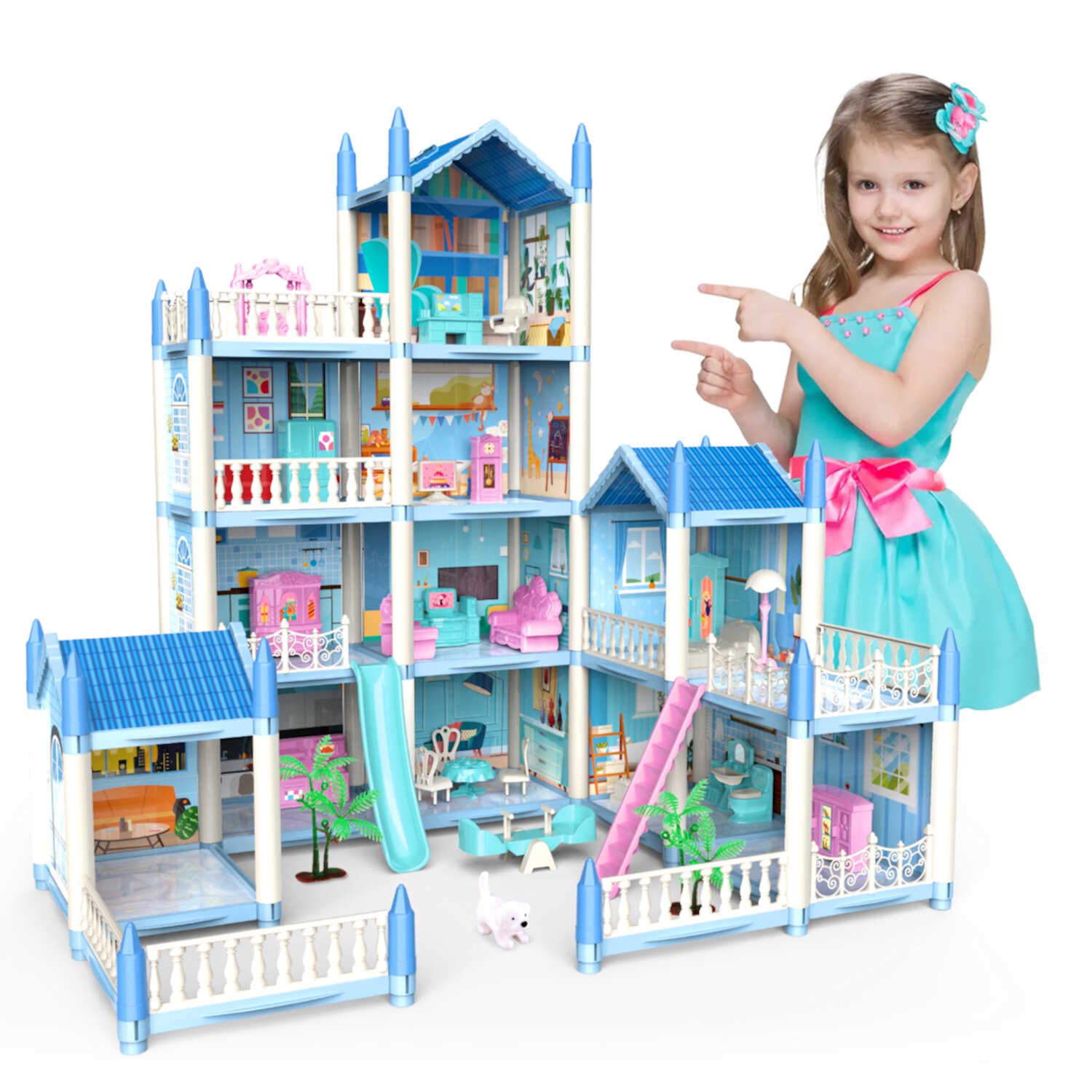 Freecat Doll House Kit, 11 Rooms DIY Pretend Play Bulding Dollhouse Playset Toys with Accessories and Furniture, Princess House for Toddlers, Christmas Birthday Gifts for 6 7 8 9 10 12 Year Old Girls Freecat